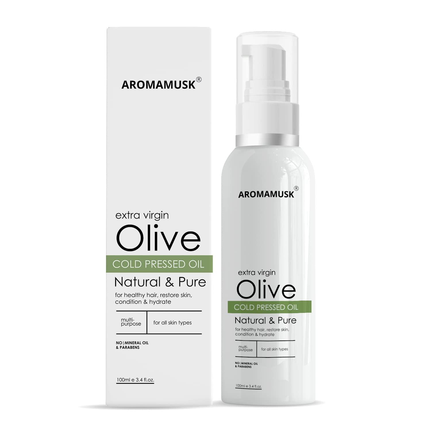 **AromaMusk 100% Pure Cold Pressed Extra Virgin Olive Oil for Hair & Skin Care – 100ml – Natural Moisturizer for Dry Scalp, Face, and Body – Perfect for Massage, DIY Beauty, and Cooking**