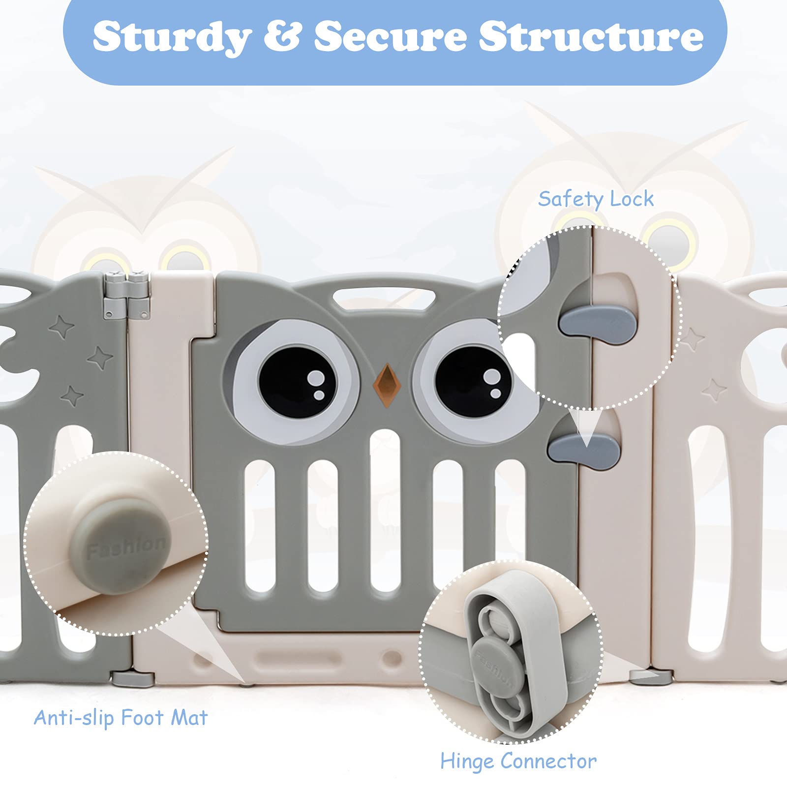 HONEY JOY 16-Panel Baby Playpen with Anti-Slip Base & Lockable Door - Owl Design Play Yard for Toddlers, Indoor Portable Safety Fence for Boys & Girls (Beige) - Perfect for Playrooms, Living Rooms & Daycare Centers