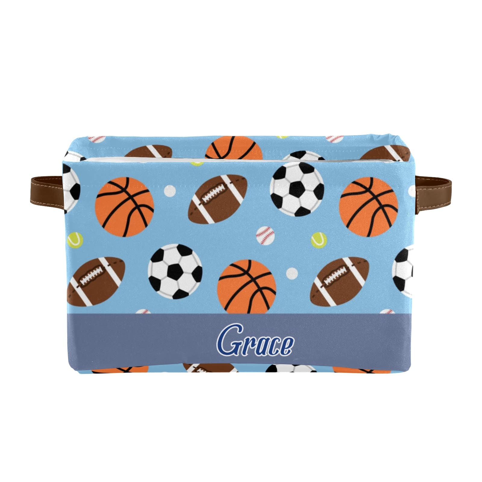 Personalized Blue Sports Balls Storage Bins - 4 Pack Durable Cube Organizer with Handles for Shelves, Wardrobe, Nursery & Toy Organization | Perfect for Kids' Rooms, Playrooms & Sports Equipment Storage