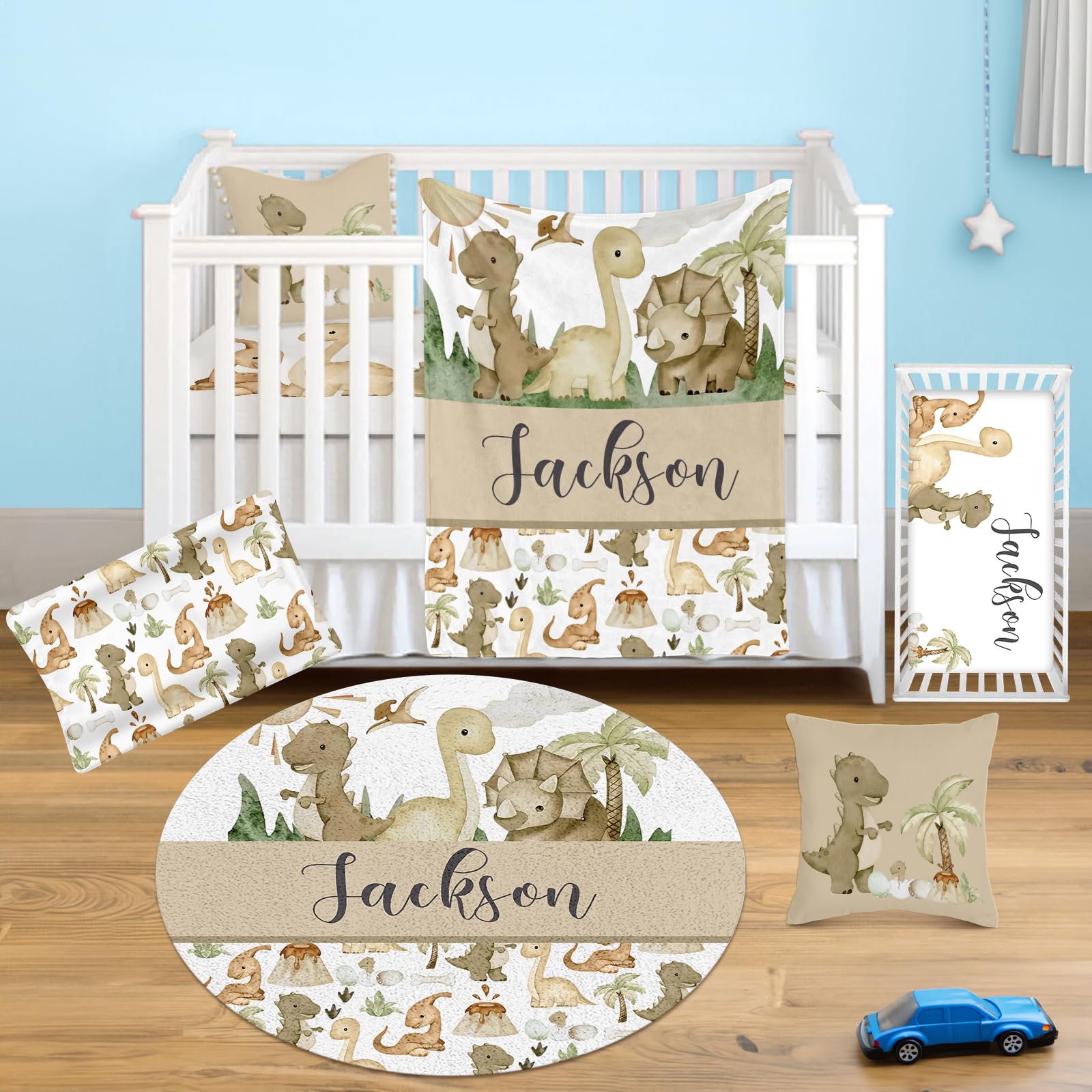 Personalized Neutral Dinosaur Baby Crib Bedding Set - 5 Piece Nursery Set with Fitted Crib Sheet, Toddler Blanket & Baby Area Rug for Boys & Girls | Perfect for Nursery Decor, Baby Shower Gifts & Newborn Essentials