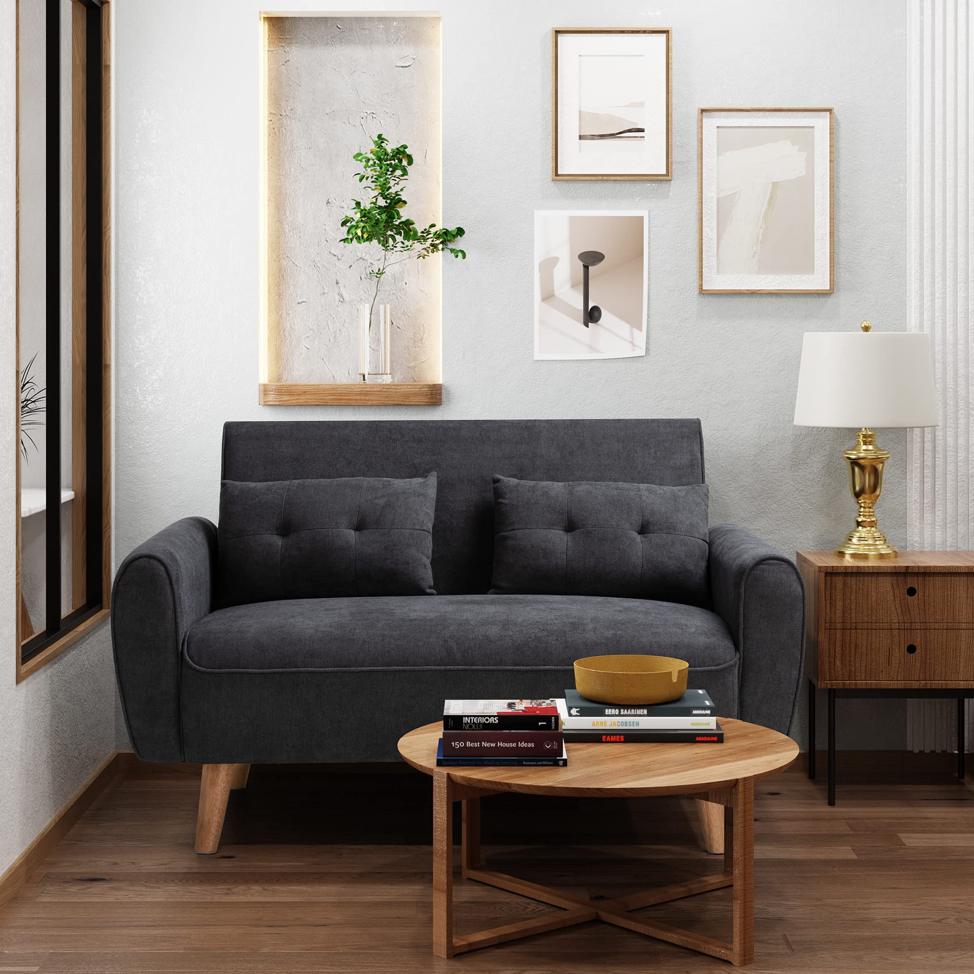 Shintenchi Modern Loveseat Sofa - Mid Century Fabric Upholstered 2-Seat Couch for Small Spaces, Living Room, Apartment or Studio - Includes 2 Decorative Pillows (Black) - Perfect for Compact Homes, Cozy Reading Nooks and Entertaining Guests