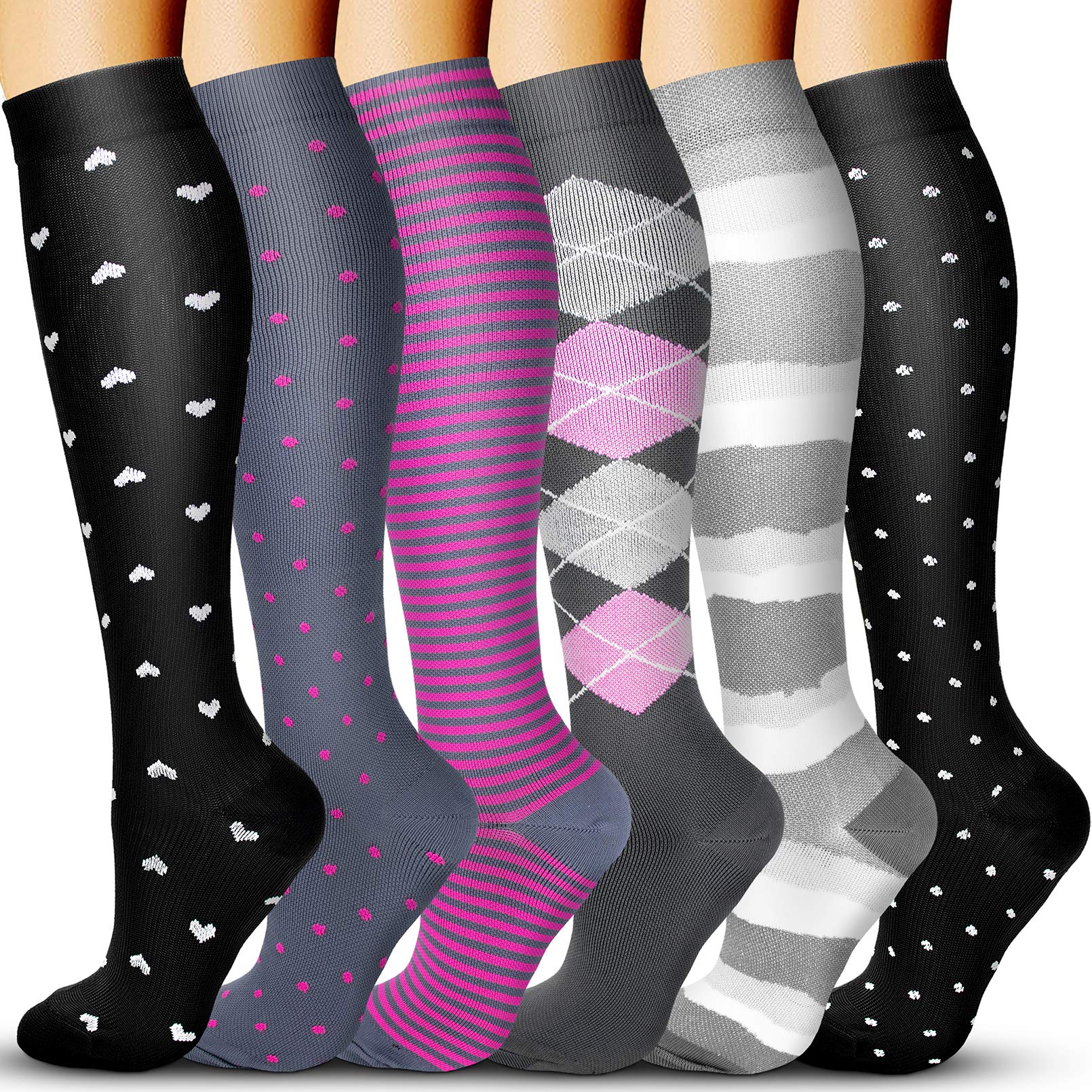 Acture 6 Pairs 15-20mmHg Compression Socks for Men & Women - Best for Running, Sports, Medical Support, Pregnancy & Travel - Improve Circulation & Reduce Swelling (Perfect for Athletes, Nurses & Frequent Flyers)