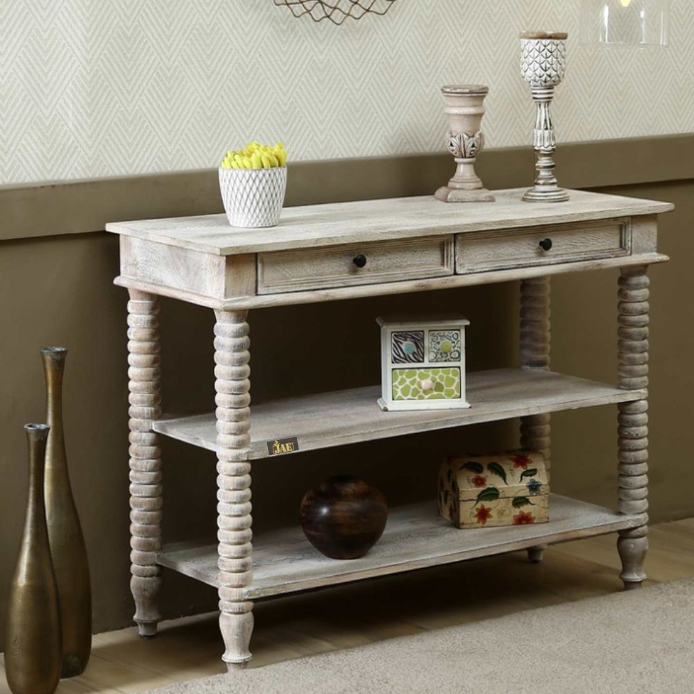 French Provincial Style White Wooden Pillar Console Table - Elegant Entryway, Living Room, or Hallway Decor for Home & Office