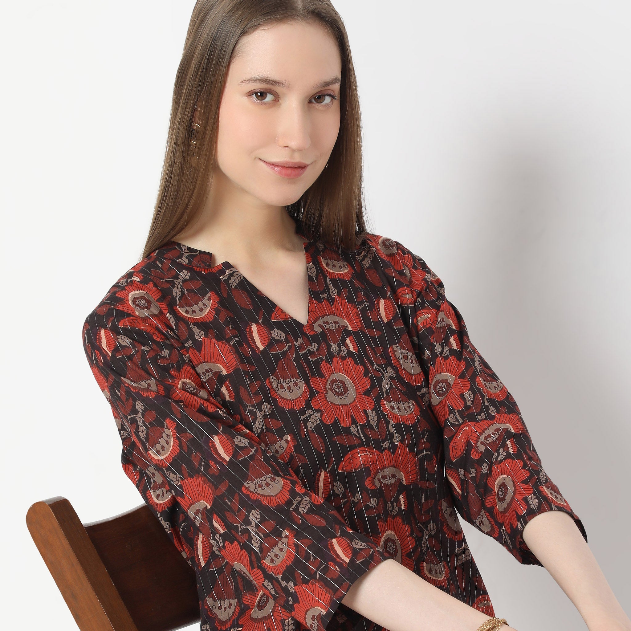 Printed Below Knee V-Neck Straight Kurta for Women - Stylish & Comfortable Indian Ethnic Wear for Casual Outings, Festivals & Parties
