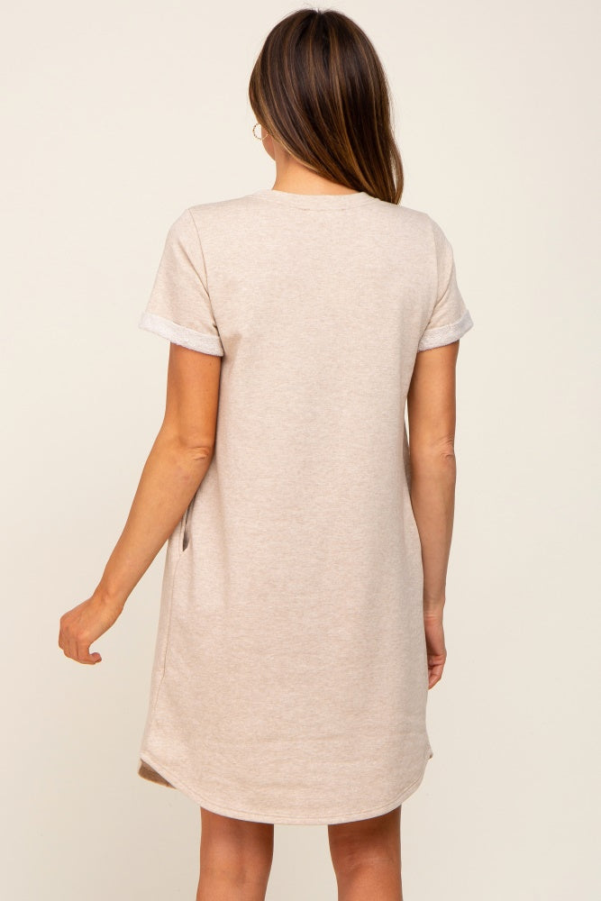 Beige French Terry Cuffed Short Sleeve Dress for Women - Soft Casual Summer Dress with Pockets, Perfect for Beach, Vacation & Everyday Wear