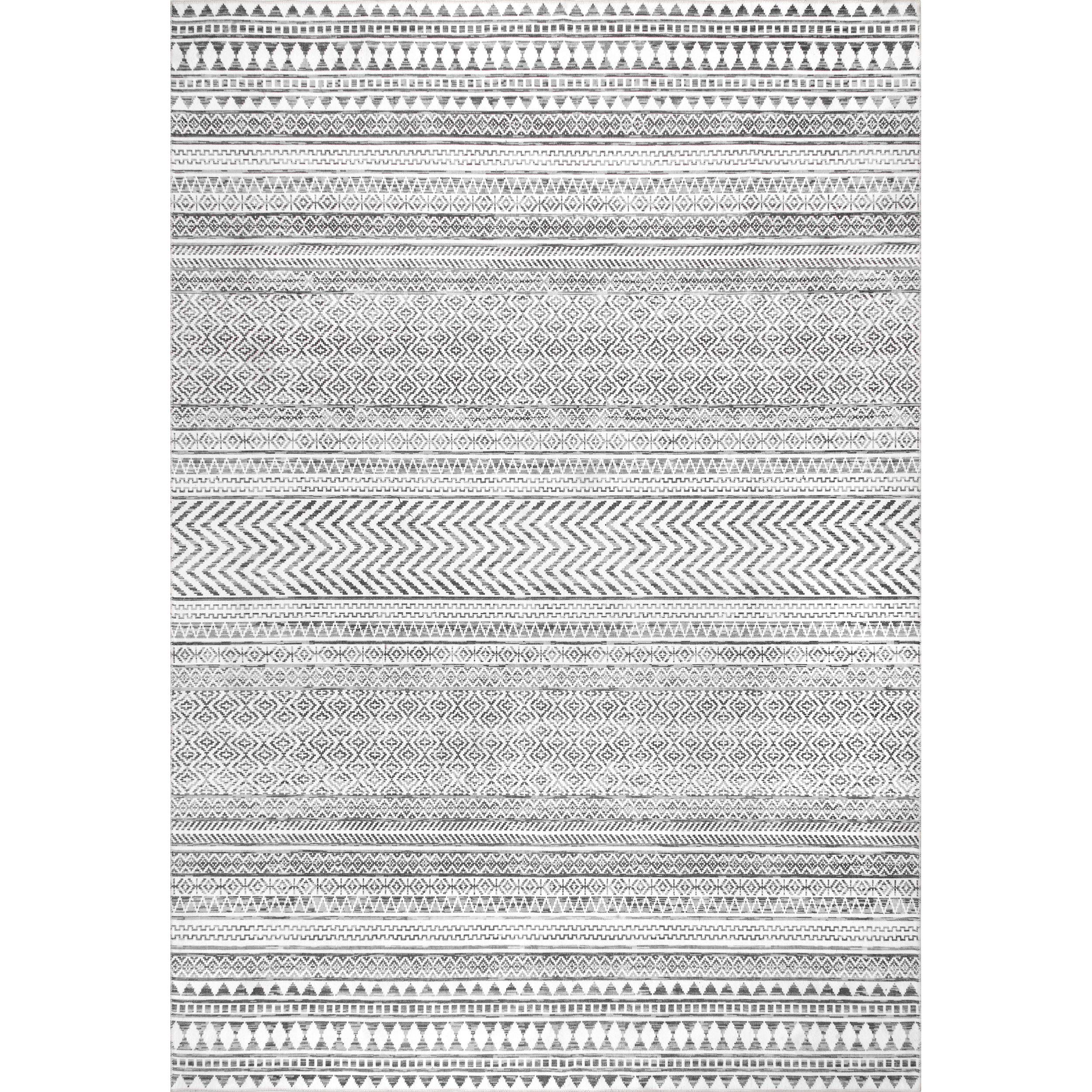 nuLOOM Kira Washable Tribal Geometric Ultra Thin Area Rug 7x9 Feet Grey - Perfect for Living Room, Bedroom, or Office Decor