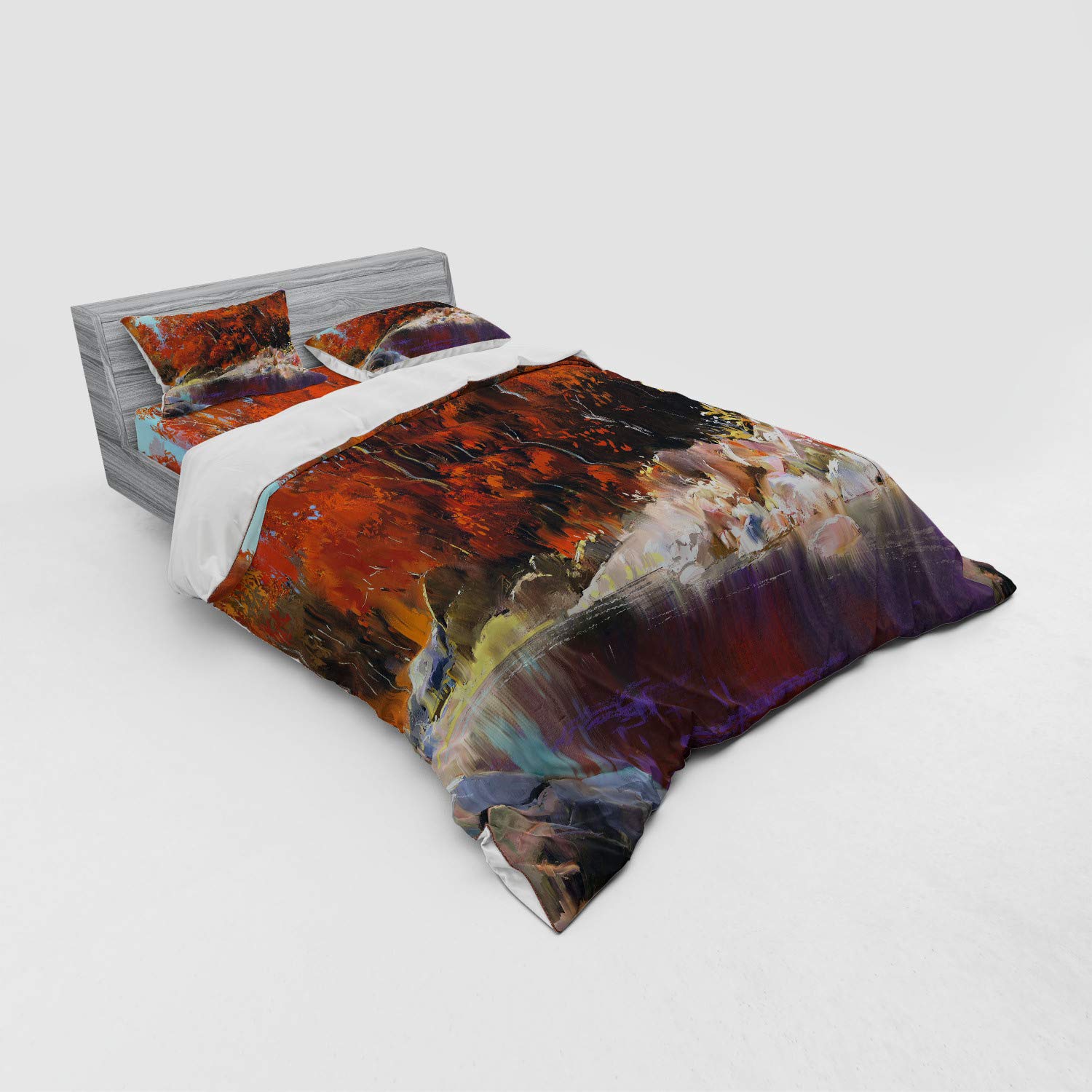Ambesonne Nature Bedding Set - Queen Size 4-Piece Duvet Cover Set with Shams & Fitted Sheet, Autumn Forest River Artwork in Ginger Purple | Scenic Woods Design for Cozy Bedroom Decor & Relaxing Sleep