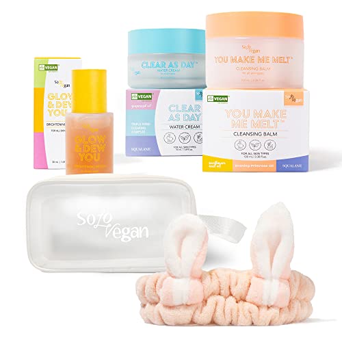 SoloVegan Complete 4-Piece Korean Skin Care Set - Makeup Cleansing Balm, Moisturizing Facial Cream, Nourishing Serum with Pink Rabbit Headband & Makeup Bag | Vegan Beauty Routine for Glowing Skin | Perfect for Daily Skincare, Travel & Gift Giving