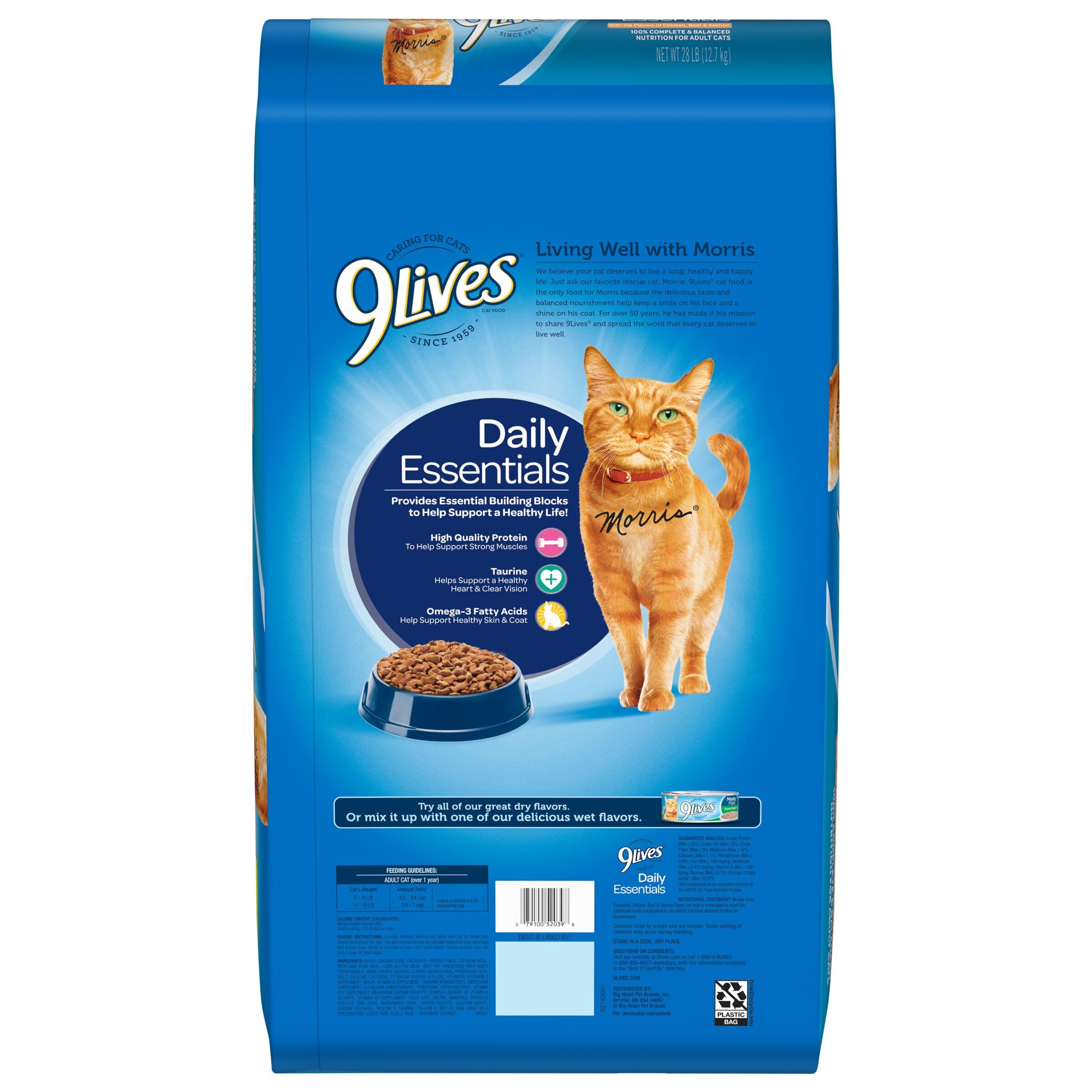 9Lives Daily Essentials Dry Cat Food - Chicken, Beef & Salmon Flavors, 28 lb Bag - High Protein Cat Kibble for Adult Cats - Perfect for Multi-Cat Households & Long-Term Feeding