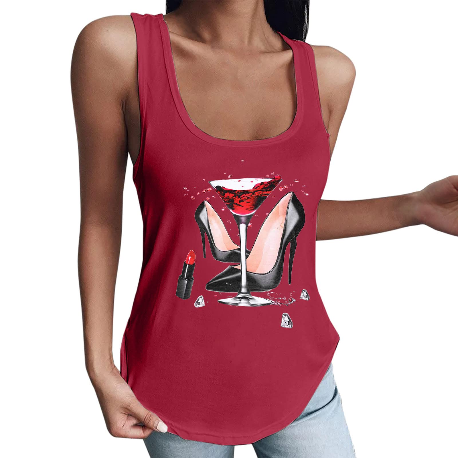 Women's Summer Casual Sleeveless Tunic Top - Graphic Print U-Neck Loose Blouse - Wine Red XXL - Perfect for Beach, Vacation & Everyday Wear