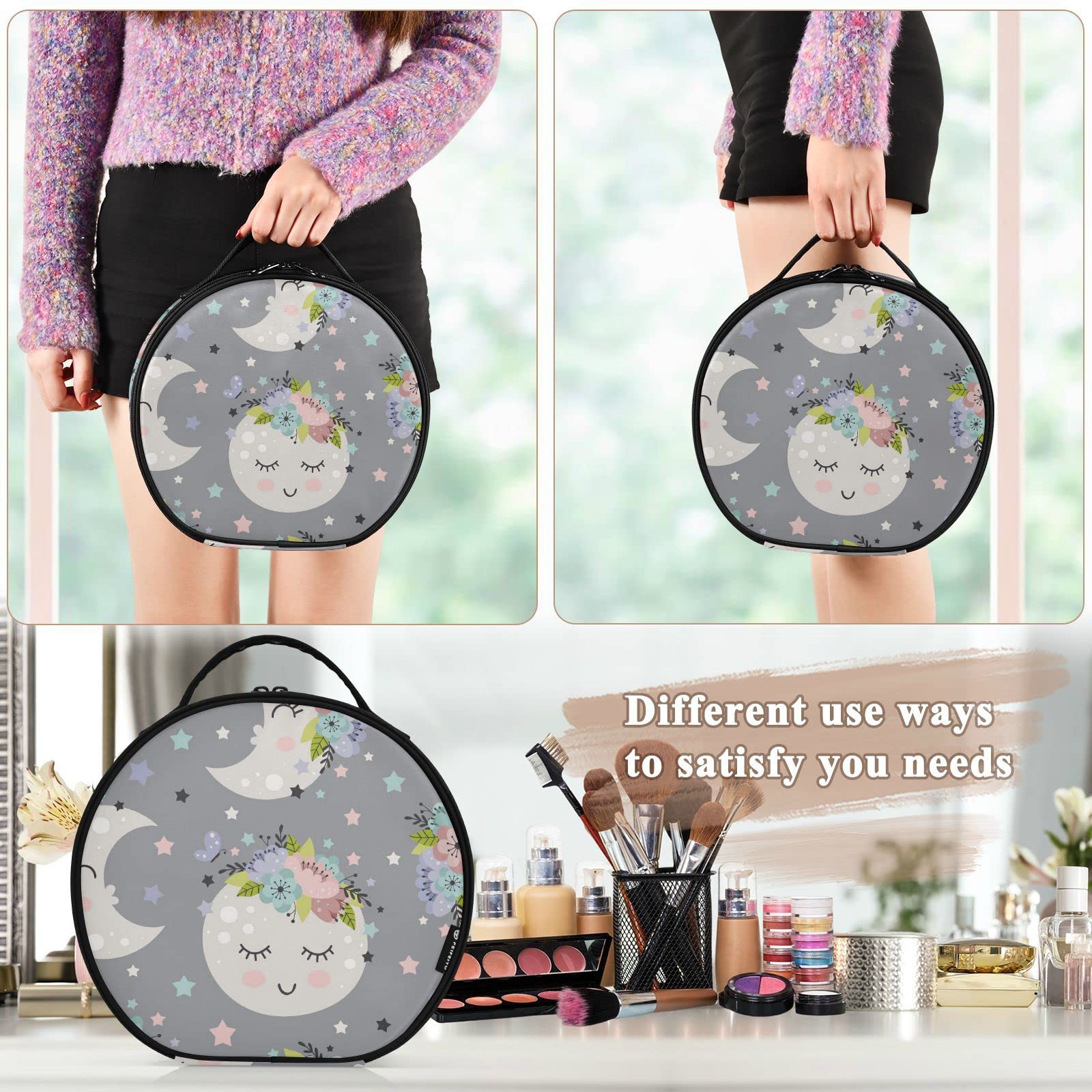 Linqin Travel Makeup Bag Organizer for Women - Portable Cosmetic Case with Adjustable Dividers, Moon Design Train Case for Toiletry, Jewelry & Brushes - Perfect for Travel, Home & Salon Use