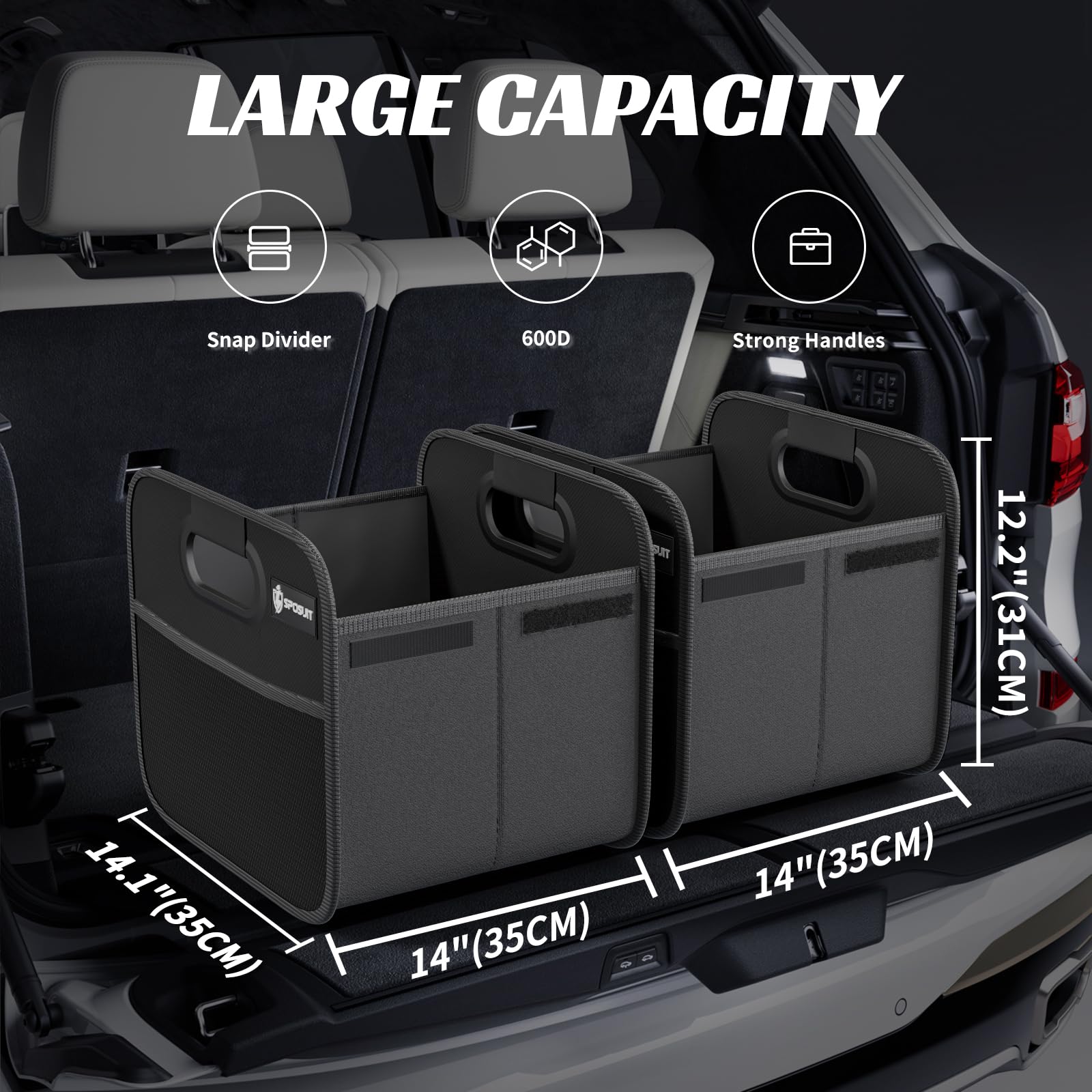 Collapsible Split Trunk Organizer for Cars & SUVs - Reinforced Handles Storage Box for Groceries & Cargo (2-Pack, Black) | Perfect for Road Trips, Shopping & Daily Commute