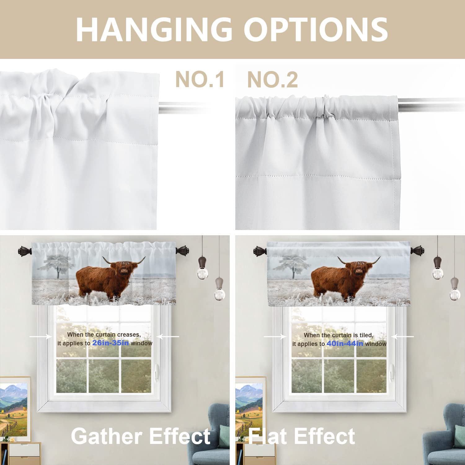 Scottish Highland Cow Blackout Window Valances Curtains - Farmhouse Kitchen & Bedroom Decor for Sun Protection & Privacy