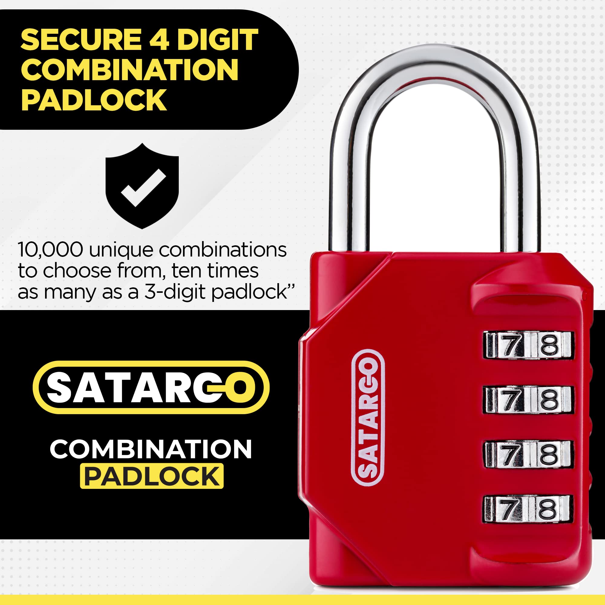 4 Digit Combination Lock for Gym Locker - Cut Resistant Outdoor Padlock with Reset Code - Heavy Duty School, Sports, Travel & Storage Use - Red Combo Lock for Indoor & Outdoor Security