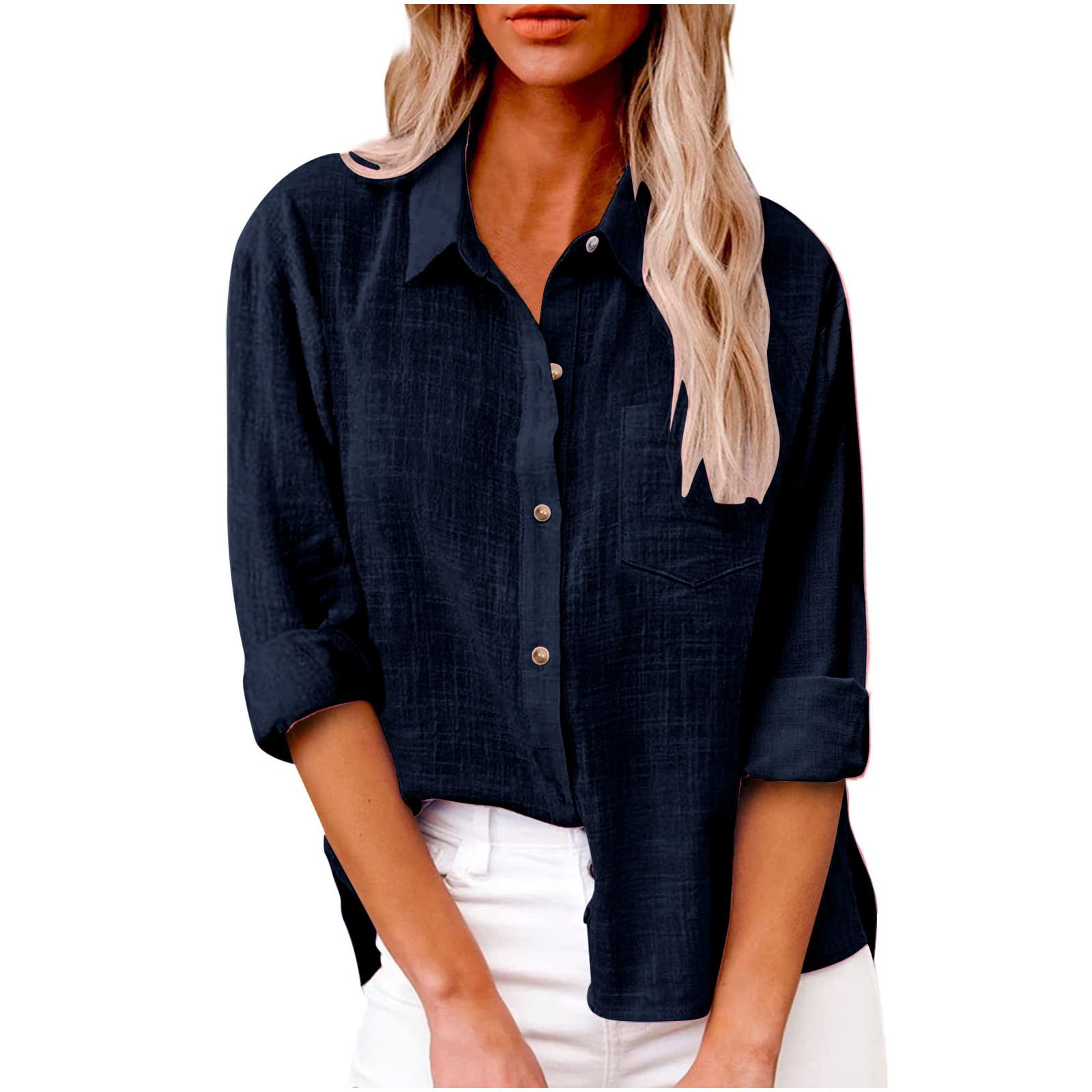 Women's Linen Long Sleeve Blouse - V Neck Button Down Shirt for Summer | Comfortable Business Casual Top for Office & Outdoor Wear