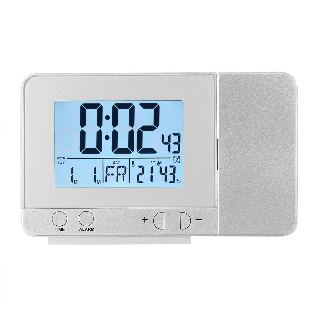 Fdit LED Digital Alarm Clock with Projection, Temperature Display, USB Charger - Adjustable Brightness & Angle for Bedroom, Office, Travel (Silver)