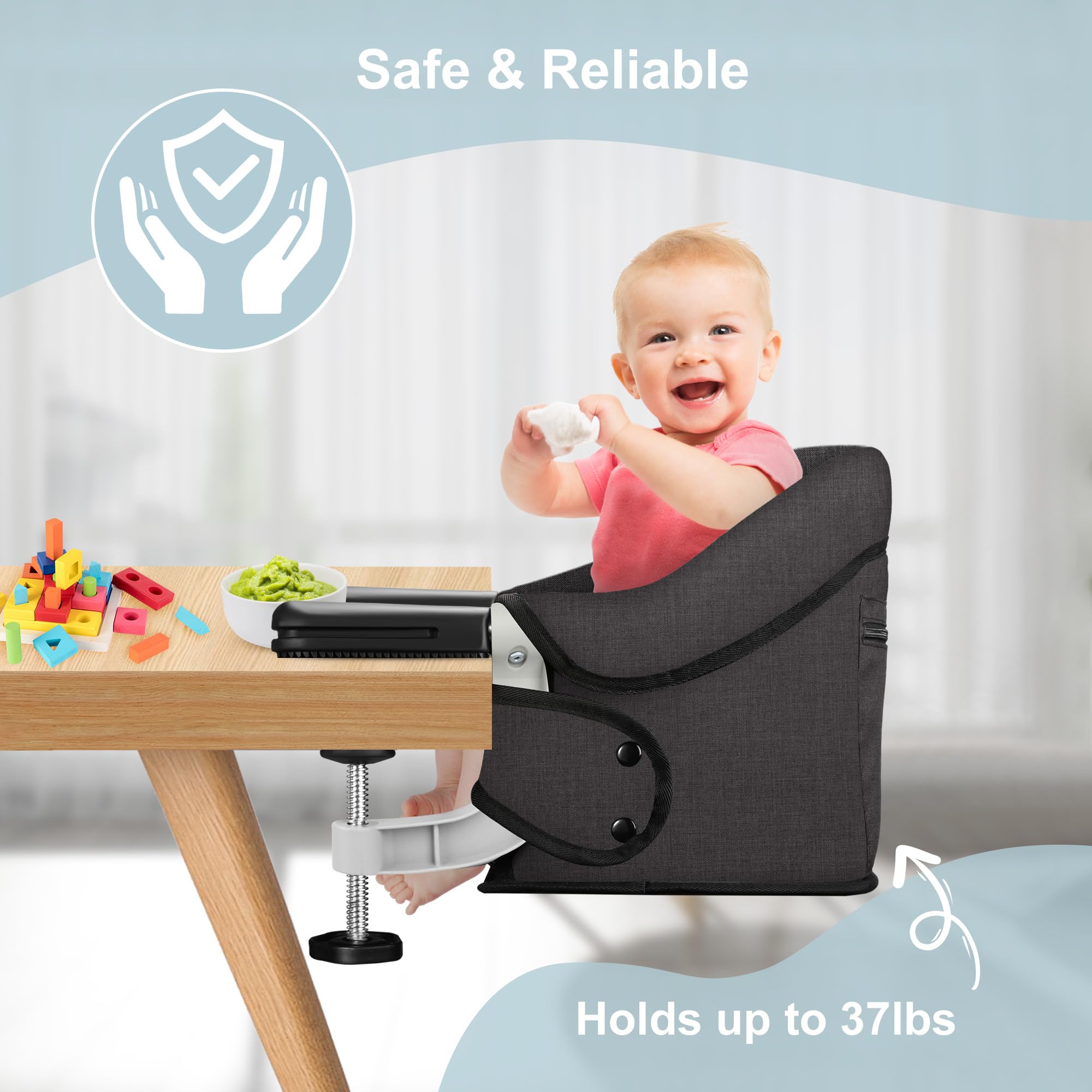 Jozzve Hook On High Chair - Portable & Foldable Baby Feeding Seat with Storage Bag for Travel & Home - Perfect for Dining Out, Camping & Small Spaces (Brown)