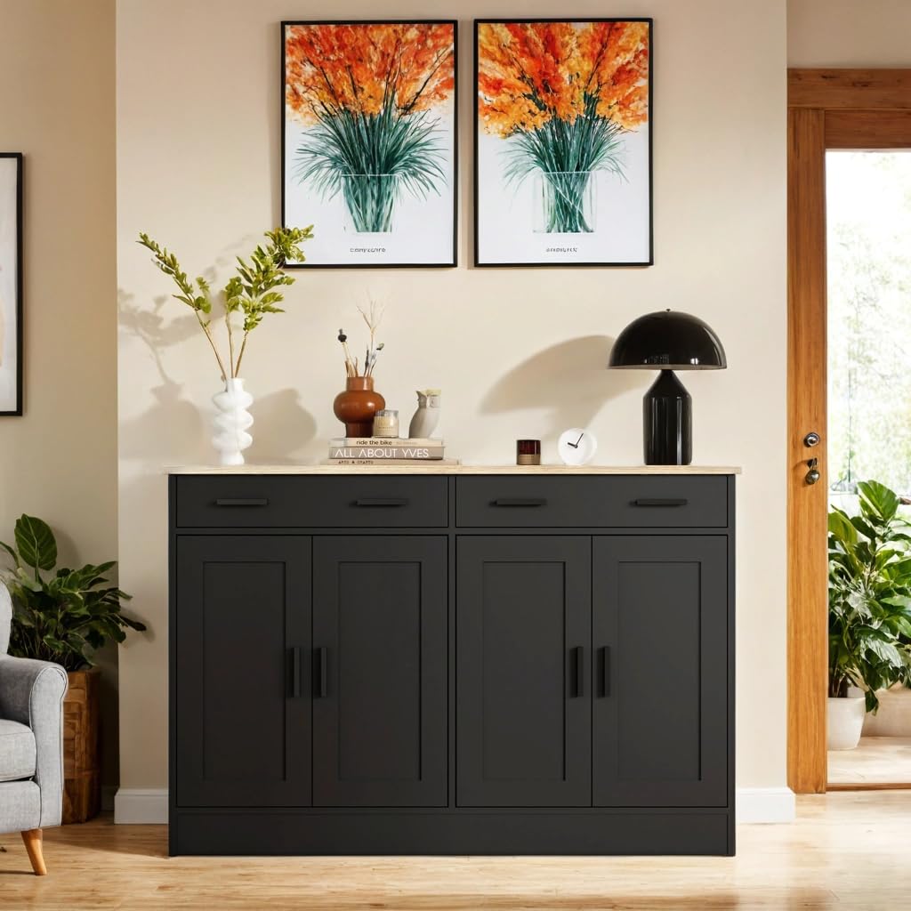 Anystyle Black Buffet Cabinet - Coffee Bar Cabinet with 2 Drawers & 4 Doors - Kitchen Buffet Sideboard for Living Room & Dining Room - Perfect for Home Storage, Entertaining & Displaying Decor