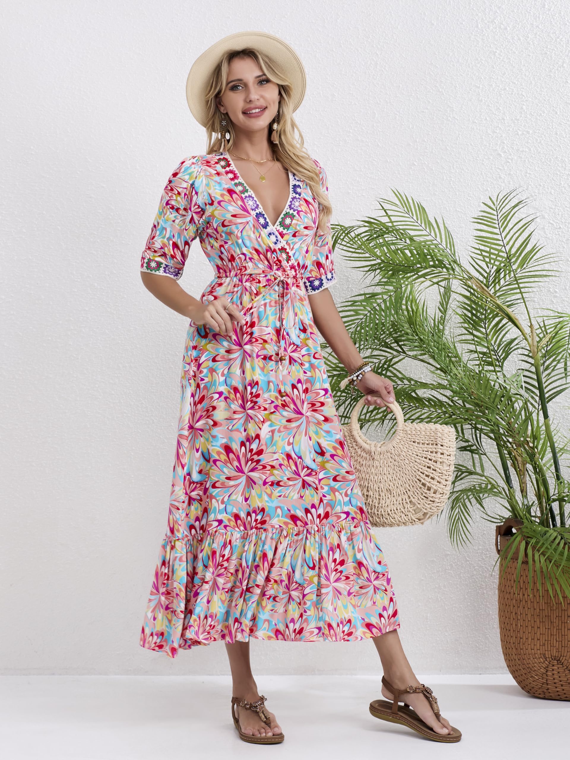 Women's Floral Print V-Neck Short Sleeve High Waist Bohemian Midi Dress - Perfect for Summer Casual Wear, Beach Vacation & Boho Chic Outfits