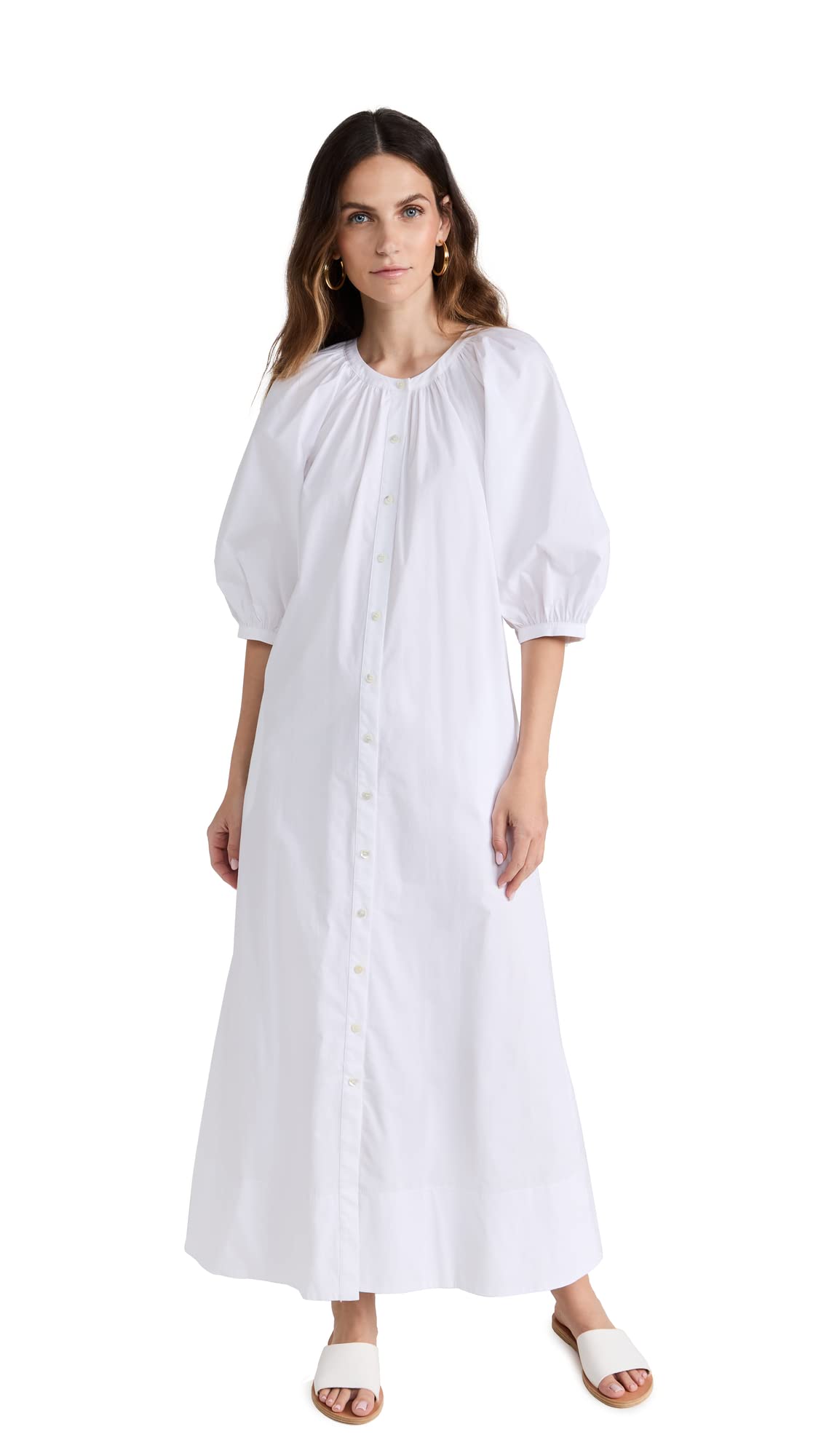 STAUD Women's Vincent Dress - Elegant Midi Dress with Floral Print, V-Neck & Puff Sleeves | Perfect for Summer Weddings, Garden Parties & Date Nights