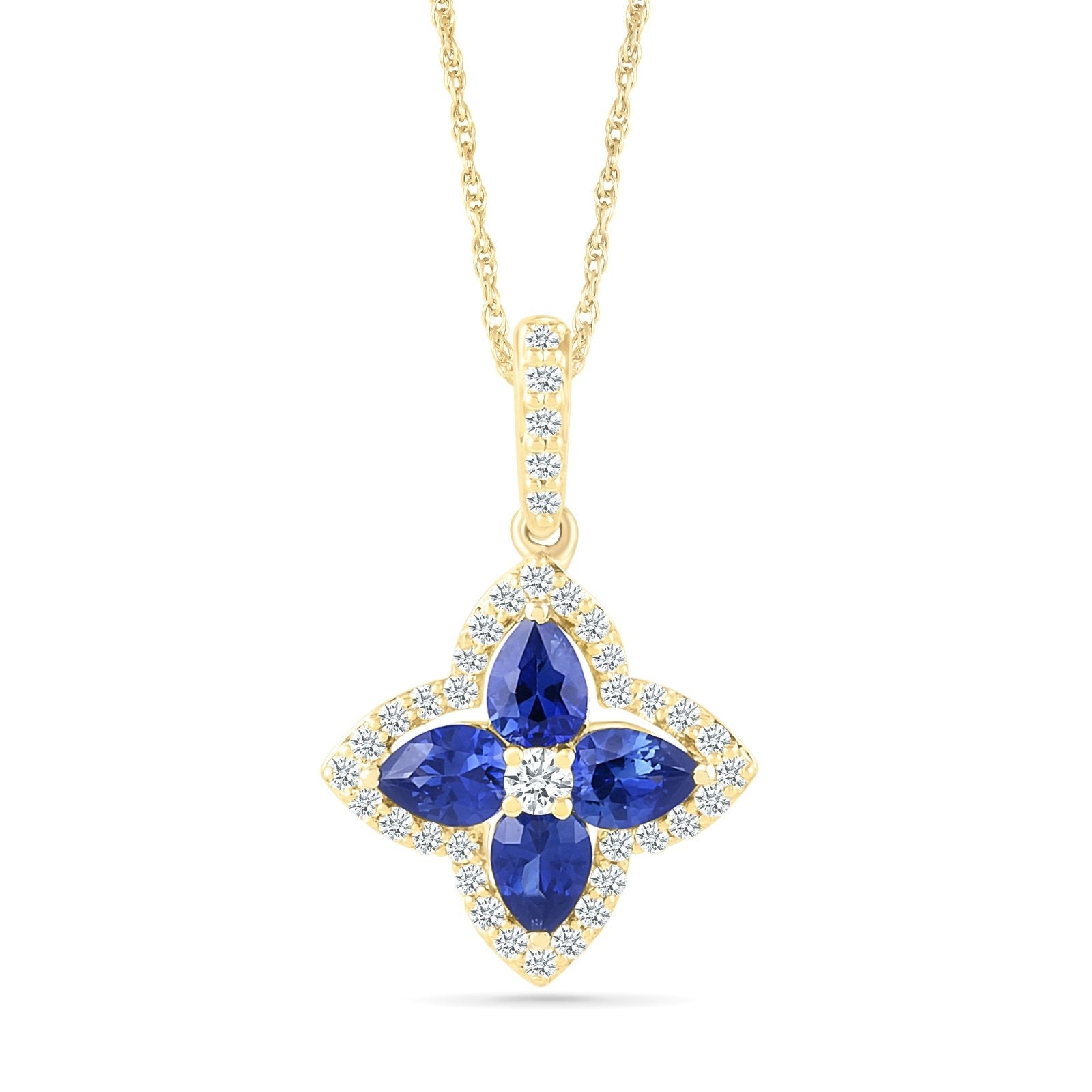 10k Yellow Gold Blue Sapphire Clover Pendant with White Sapphire Halo - Elegant Jewelry Gift for Women, Perfect for Birthdays, Anniversaries & Special Occasions