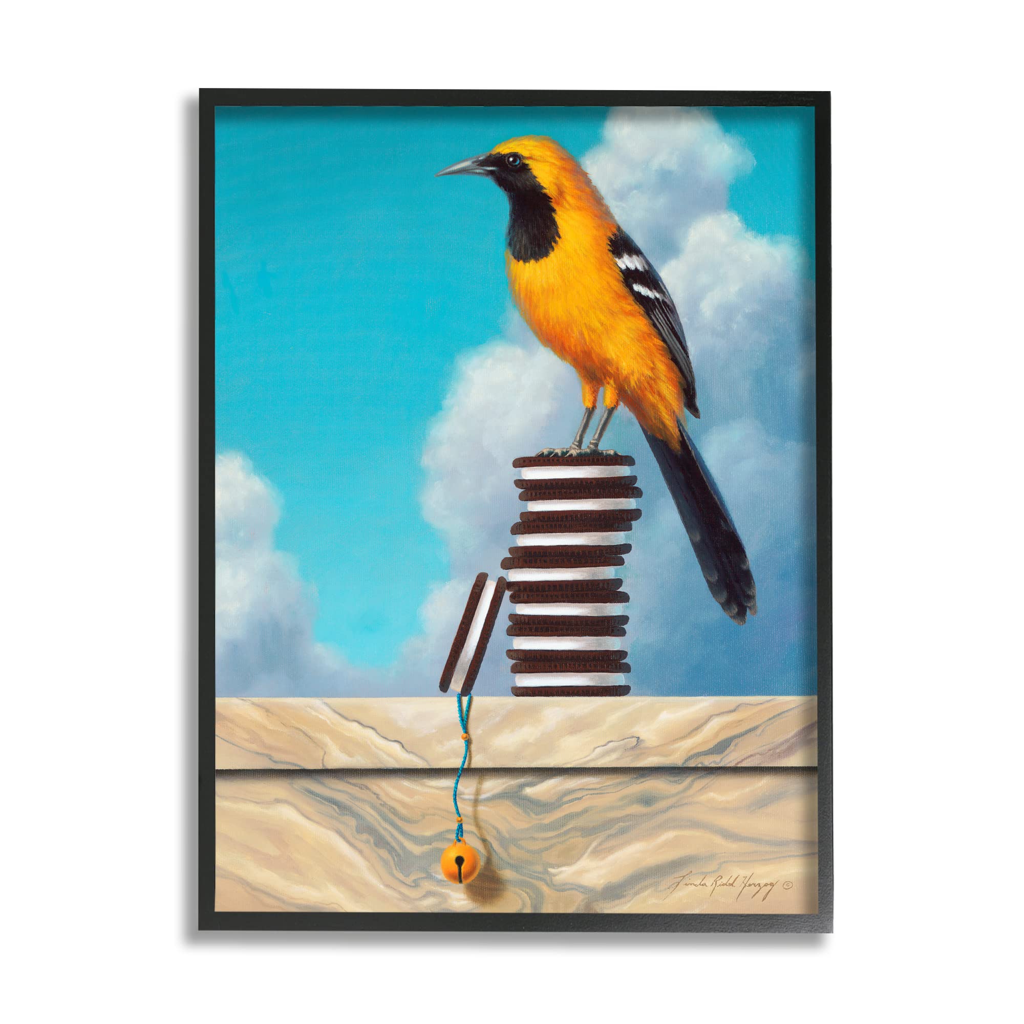 Stupell Industries Oriole Bird & Sandwich Cookies Cloudy Sky Painting by Linda Ridd Herzog - Blue Wall Art for Kitchen, Dining Room & Home Decor