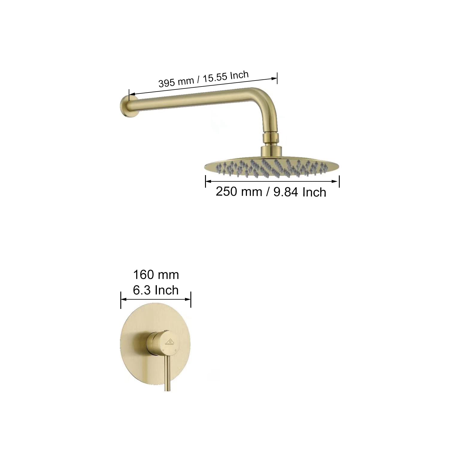 CASAINC 10 Inch Round Rainfall Shower Head - Single Function Wall Mounted Shower System with Brushed Gold Finish | Perfect for Modern Bathroom & Spa-Like Shower Experience