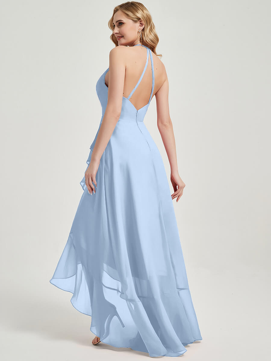 Cornflower Blue Halter Backless High-Low Chiffon Bridesmaid Dress - Elegant Formal Gown for Weddings, Prom & Special Occasions