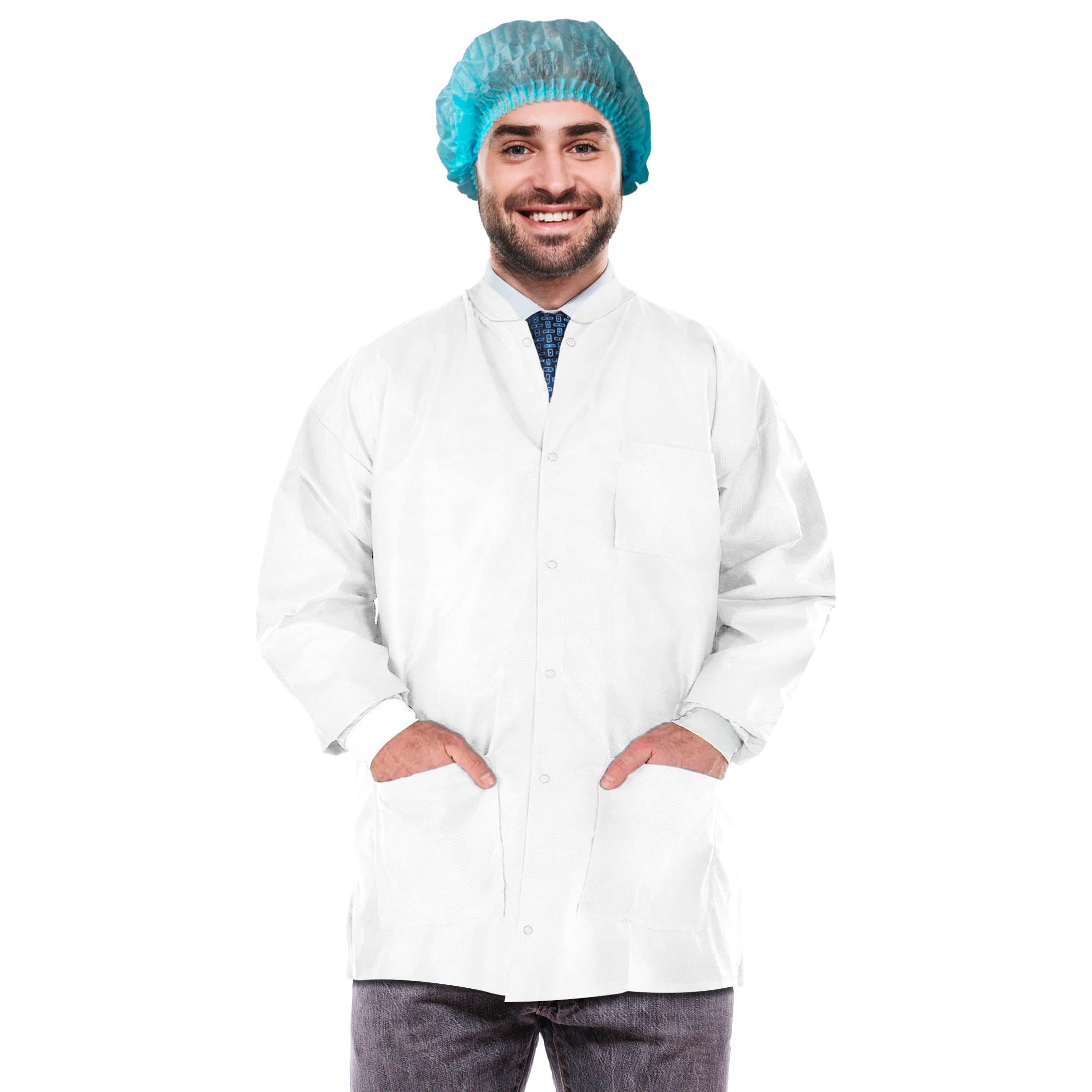 Disposable Lab Jackets - Pack of 100 White Hip-Length Work Gowns (30 inch Long, Medium Size) | 50 GSM PPE Protective Coats with Snap Front, Knit Cuffs & Collar, 3 Pockets | Bulk Medical & Laboratory Supplies for Healthcare Workers, Cleanrooms & Food Service Safety