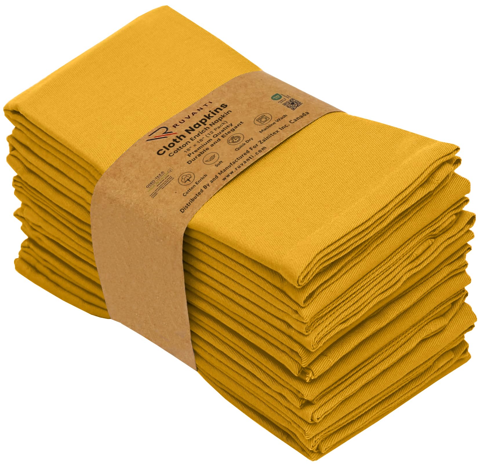 Premium 12-Pack Ruvanti Cotton Blend Cloth Napkins (18x18 Inches) - Soft, Durable & Highly Absorbent Washable Dinner Napkins for Restaurants, Weddings, Parties & Everyday Use - Mustard Color | Perfect for Fine Dining, Casual Meals & Special Events
