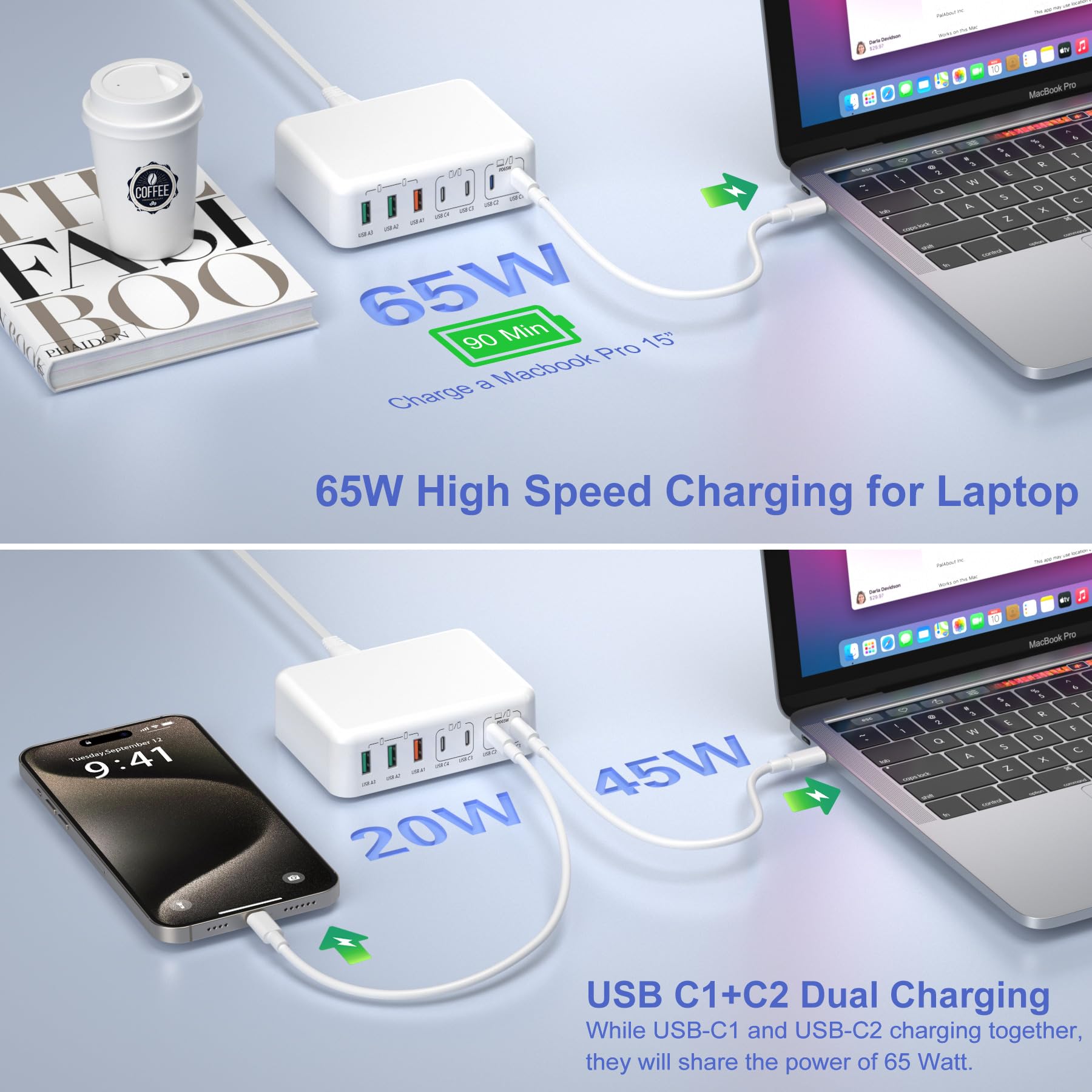 180W GaN USB C Charging Station - 7-Port Fast Charger Hub with 65W PD for MacBook Air/Pro, iPad, iPhone 15/14/13/12/11, Galaxy S23/S22, Pixel 8/7 - Compact Desktop Charging Solution for Home, Office & Travel (White)