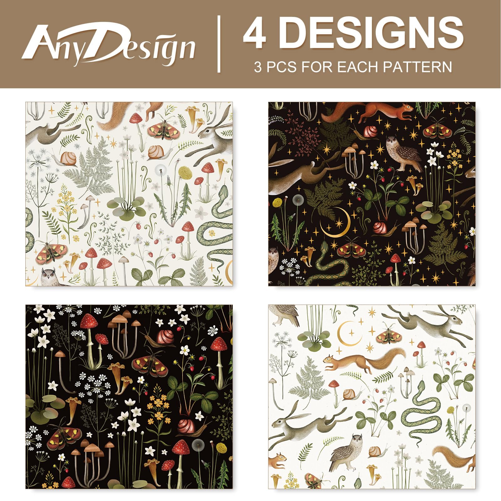 AnyDesign 12 Sheets Vintage Wrapping Paper - Animal & Mushroom Print Gift Wrap Paper Bulk (4 Retro Botanical Designs, 19.7