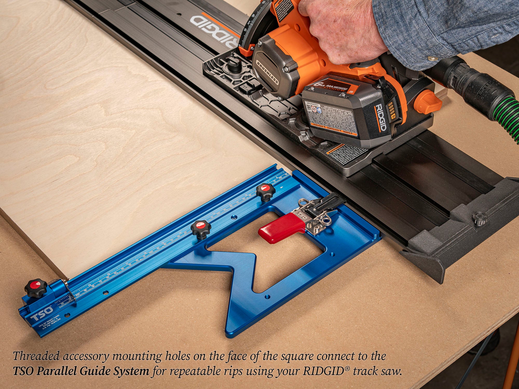 TSO Products GRS-16-PE-R Guide Rail Square for AEG & RIDGID Track Saws - Precision Woodworking & Cabinet Making Accessory