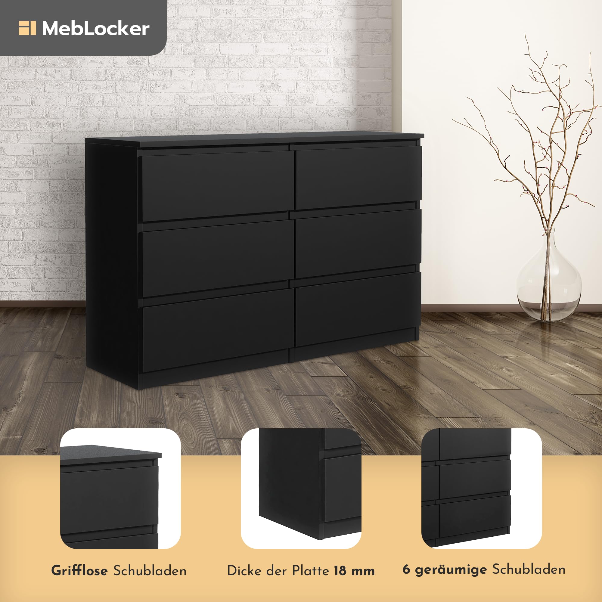 Modern 6-Drawer 120cm MebLocker Chest - Stylish Storage Solution for Living Room, Bedroom, Kids Room, Teen Room & Office - Perfect for Organizing Clothes, Toys & Office Supplies (Black)