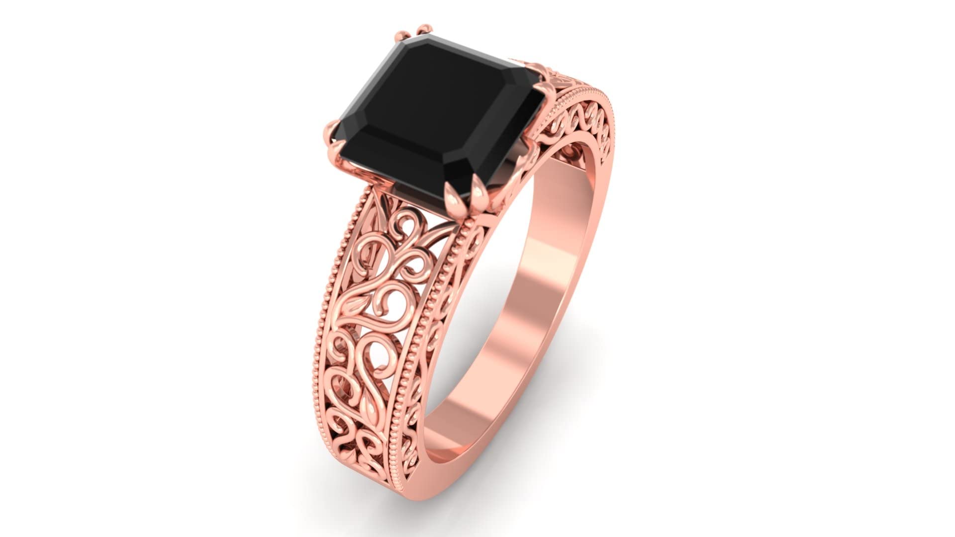 2 CT Black Onyx Gold Ring for Women - 7mm Asscher Cut Solitaire Ring in 14K Gold with Filigree Design - Elegant Jewelry for Weddings, Anniversaries & Special Occasions