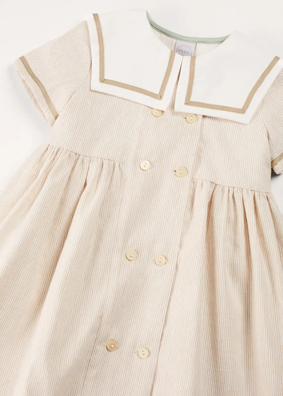 Waterford Striped Mariner Collar Double Breasted Short Sleeve Dress for Girls 12 Months to 10 Years - Beige Nautical Style Summer Outfit for Beach, Party & Casual Wear