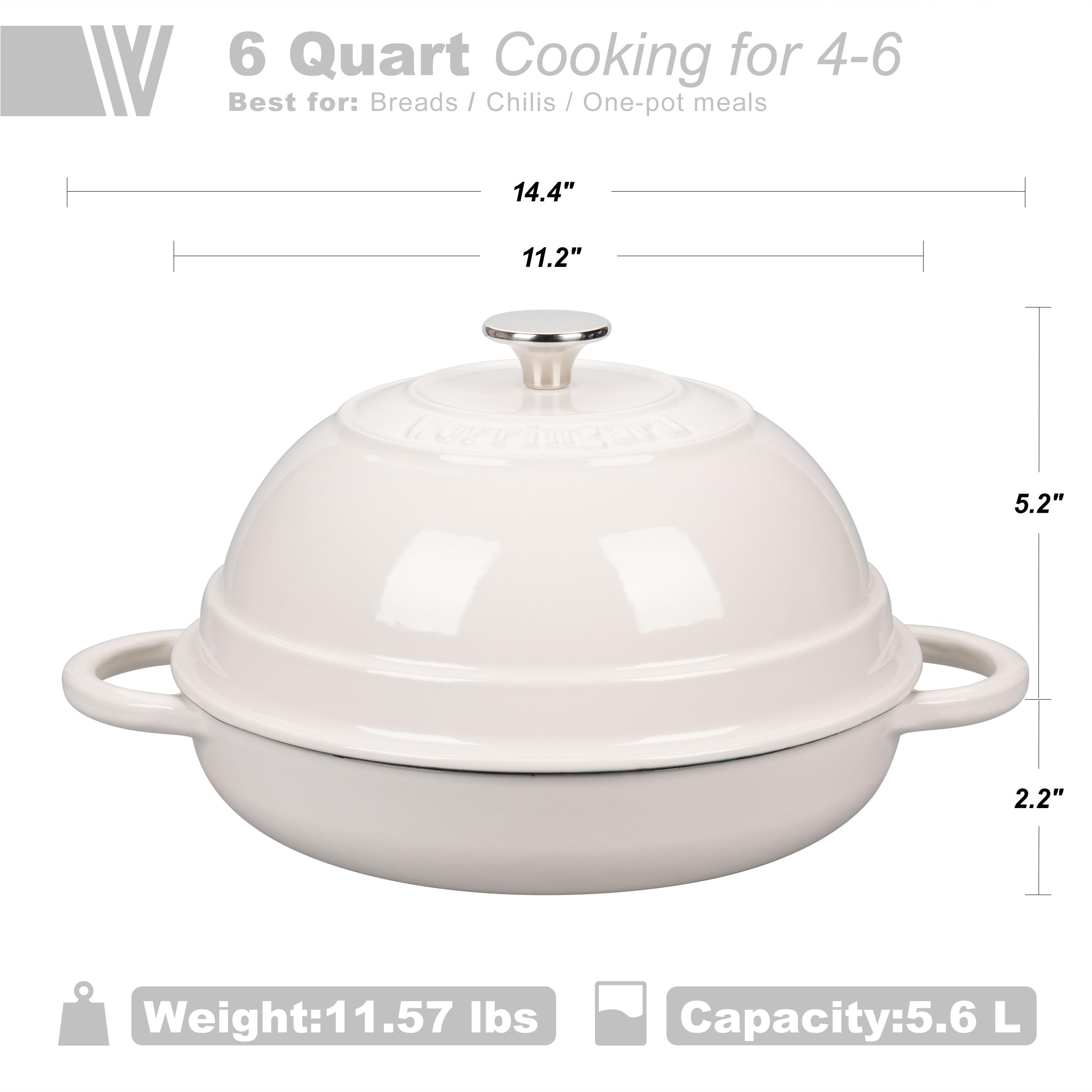 Premium 6 Quart Enameled Cast Iron Dutch Oven with Lid - Perfect for Bread Baking, Soups, Stews & Camping - White Kitchen Cookware for Home Chefs