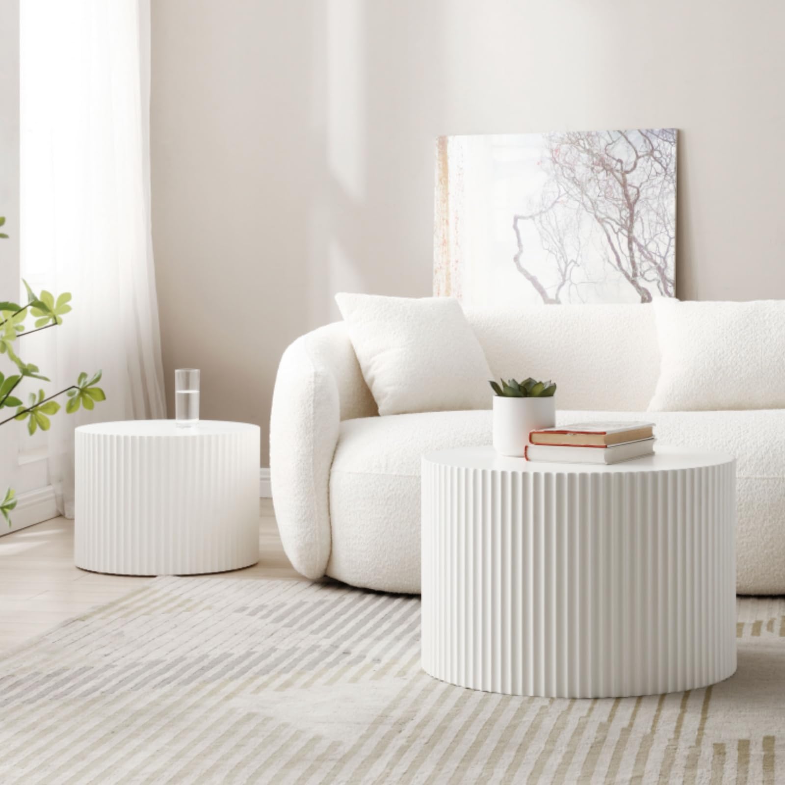 Modern White Round Wooden Coffee Table Set of 2 - Nesting Side & End Tables for Living Room, Bedroom, Office - Space-Saving Accent Furniture for Small Spaces