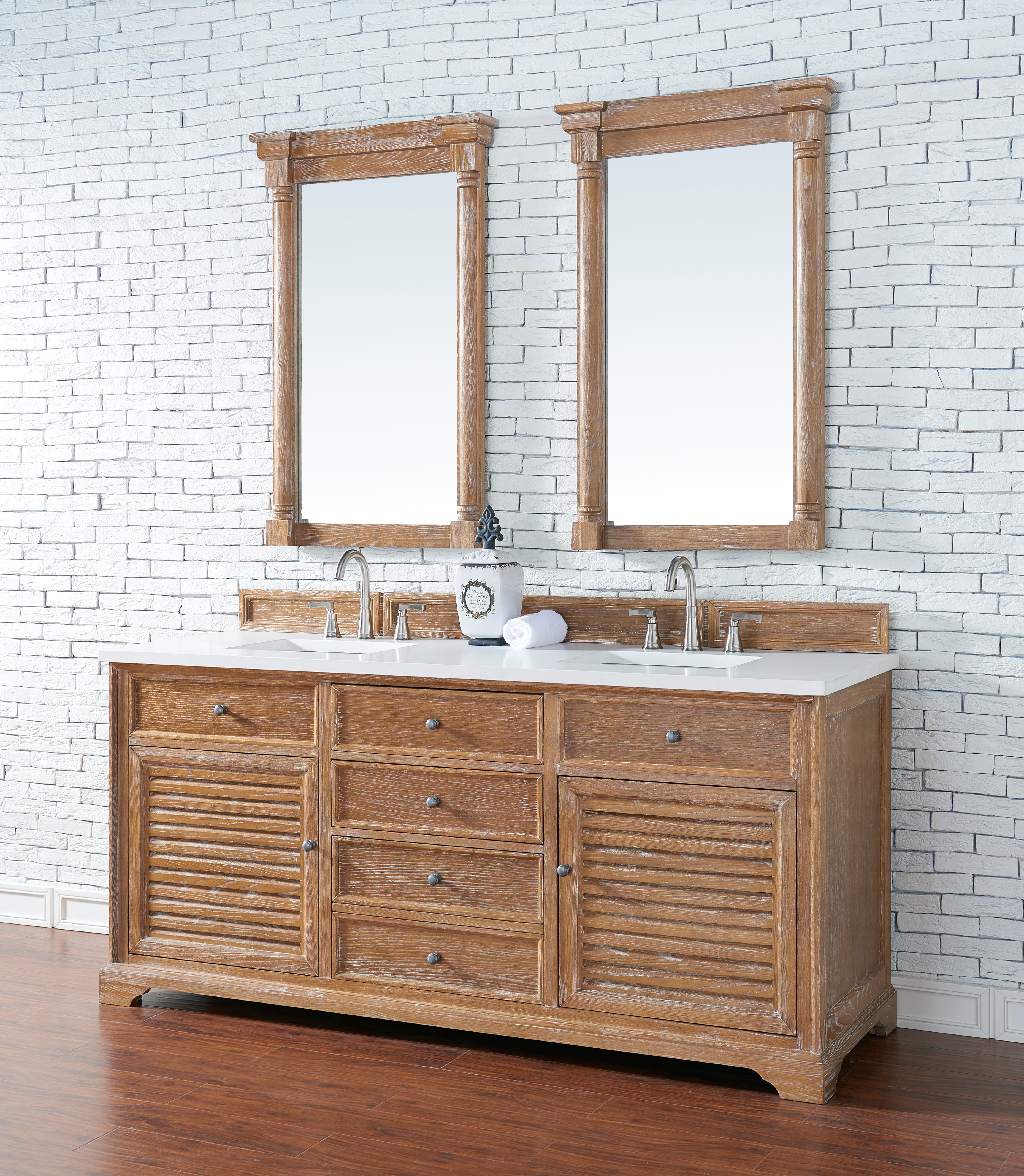 Savannah 72 Inch Double Vanity Cabinet in Driftwood Finish with 3CM Classic White Quartz Top - Perfect for Master Bathroom Renovation & Modern Home Decor