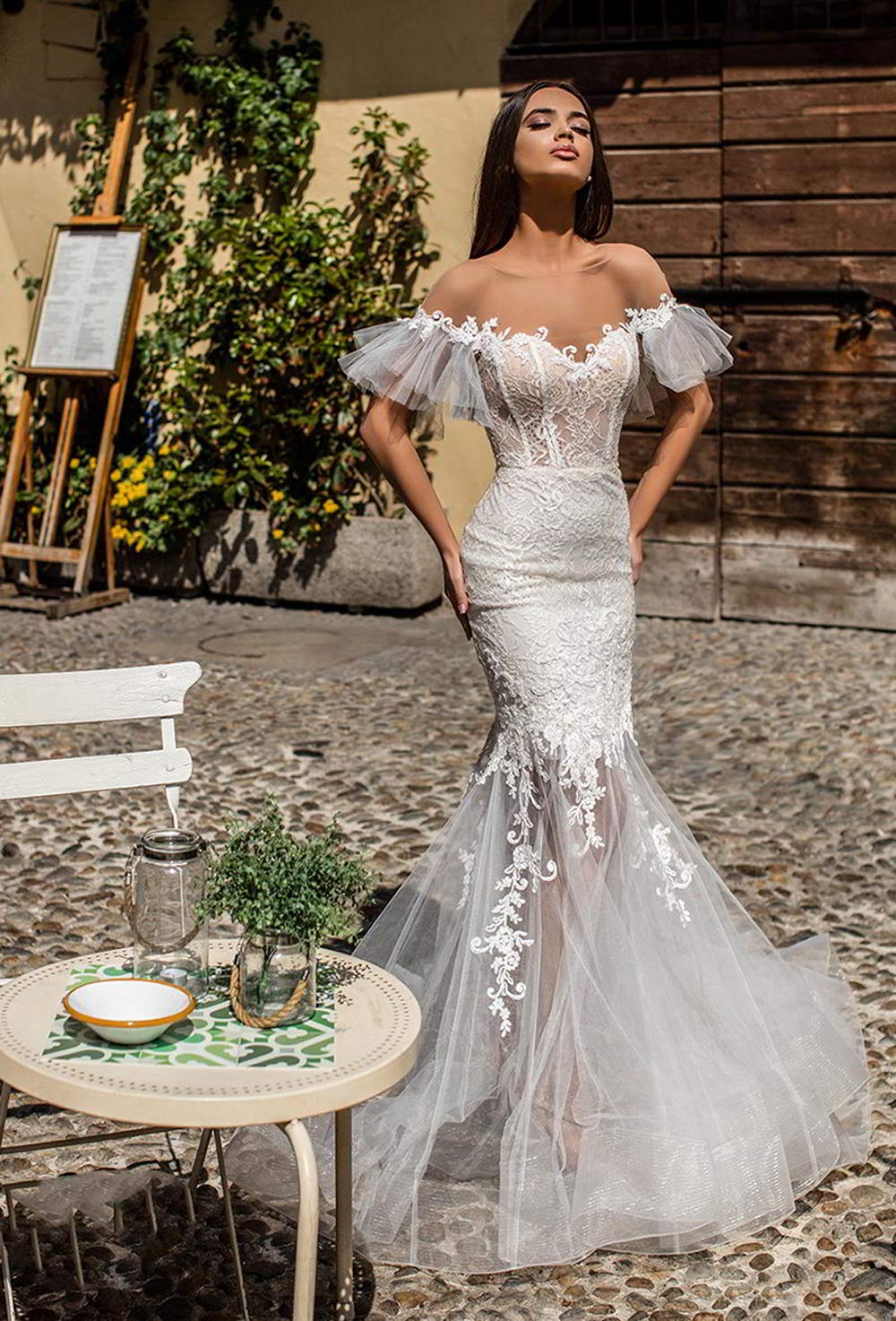 Elegant Off Shoulder Boho Mermaid Wedding Dress with Backless Design - Perfect for Beach, Garden, and Outdoor Boho Chic Bridal Ceremonies