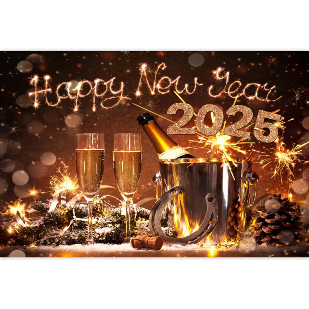 Leowefowa 9x6ft New Year's Eve 2025 Backdrop - Lucky Horseshoe & Champagne Fireworks Bokeh Photo Background for Christmas & NYE Party Decorations - Perfect for Home Celebrations, Photo Booths & Social Media Posts