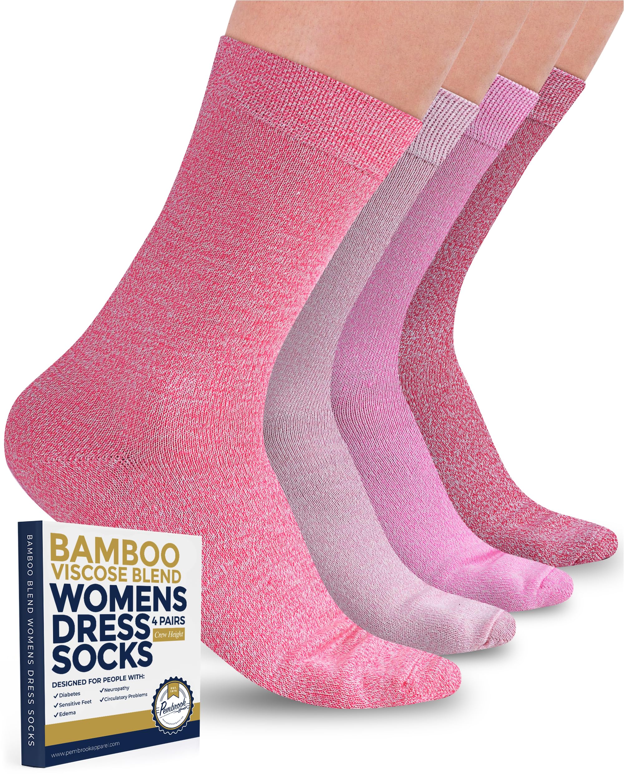 Pembrook Women's Bamboo Viscose Dress Socks - 4 Pairs Moisture Wicking Thin Crew Socks for Work, Office & Formal Occasions