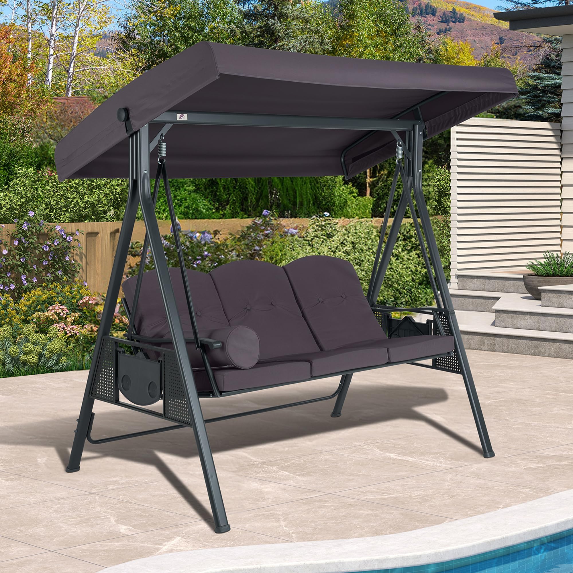 PURPLE LEAF 3-Seater Outdoor Patio Swing with Stand - Adjustable Canopy, All-Weather Steel Frame & Included Cushions - Perfect for Backyard, Porch, Garden Relaxation (Grey)