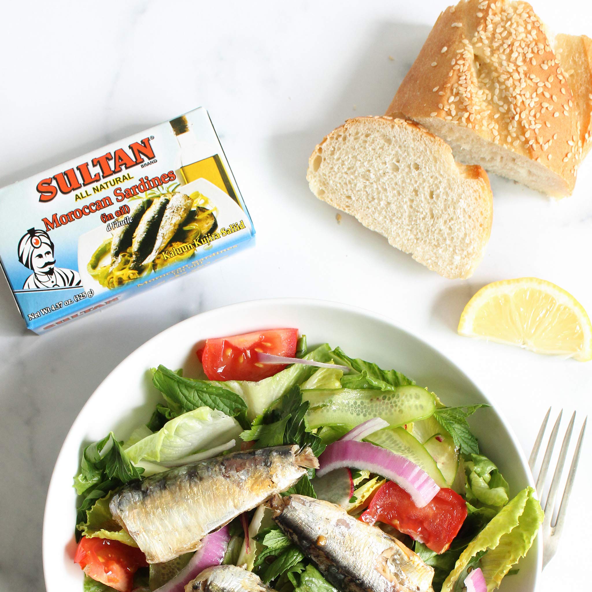 Premium Sultan Moroccan Season Sardines in Olive Oil - 100% Natural, High Protein, No Additives or Preservatives - Paleo, Keto & Carnivore Diet Friendly - Zero Carb Canned Fish - 4.37oz (5-Pack) - Perfect for Salads, Snacks & Low-Carb Meals