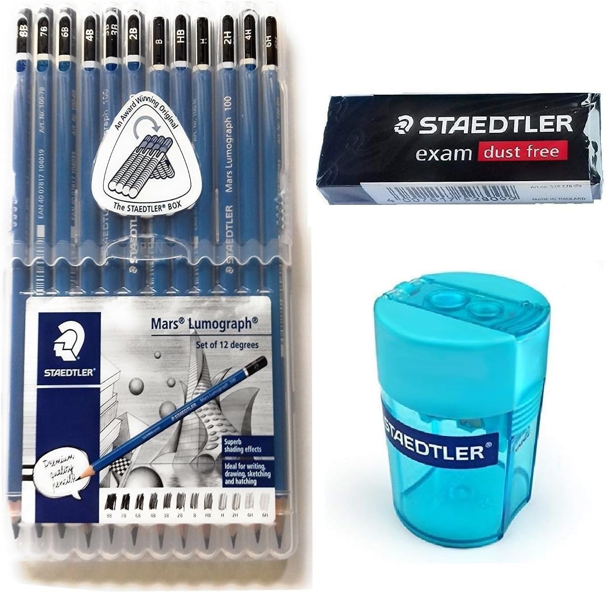 Staedtler Mars Lumograph Wooden Lead Pencils - 12 Pack with Various Degrees, Plastic Storage Box, Sharpener & Eraser - Ideal for Sketching, Drawing & Professional Artwork