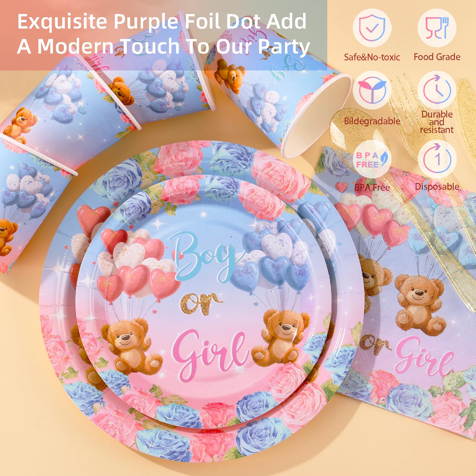 Baby Bear Gender Reveal Party Supplies Set - 24-168PCS Plates, Cups & Napkins for Gender Announcement Celebrations | Perfect for Baby Showers, Nursery Decor & Social Media Reveals