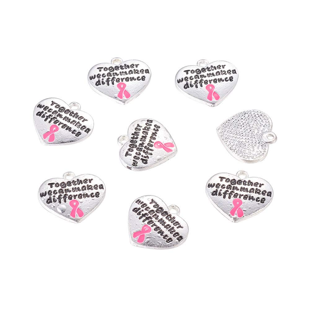 B.D Craft 10pcs 2mm Silver Tone Heart Charms with Pink Breast Cancer Awareness Ribbon - Alloy Inspirational Message Pendants for Jewelry Making (18x19mm) - Perfect for Bracelets, Necklaces, DIY Crafts & Gift Giving