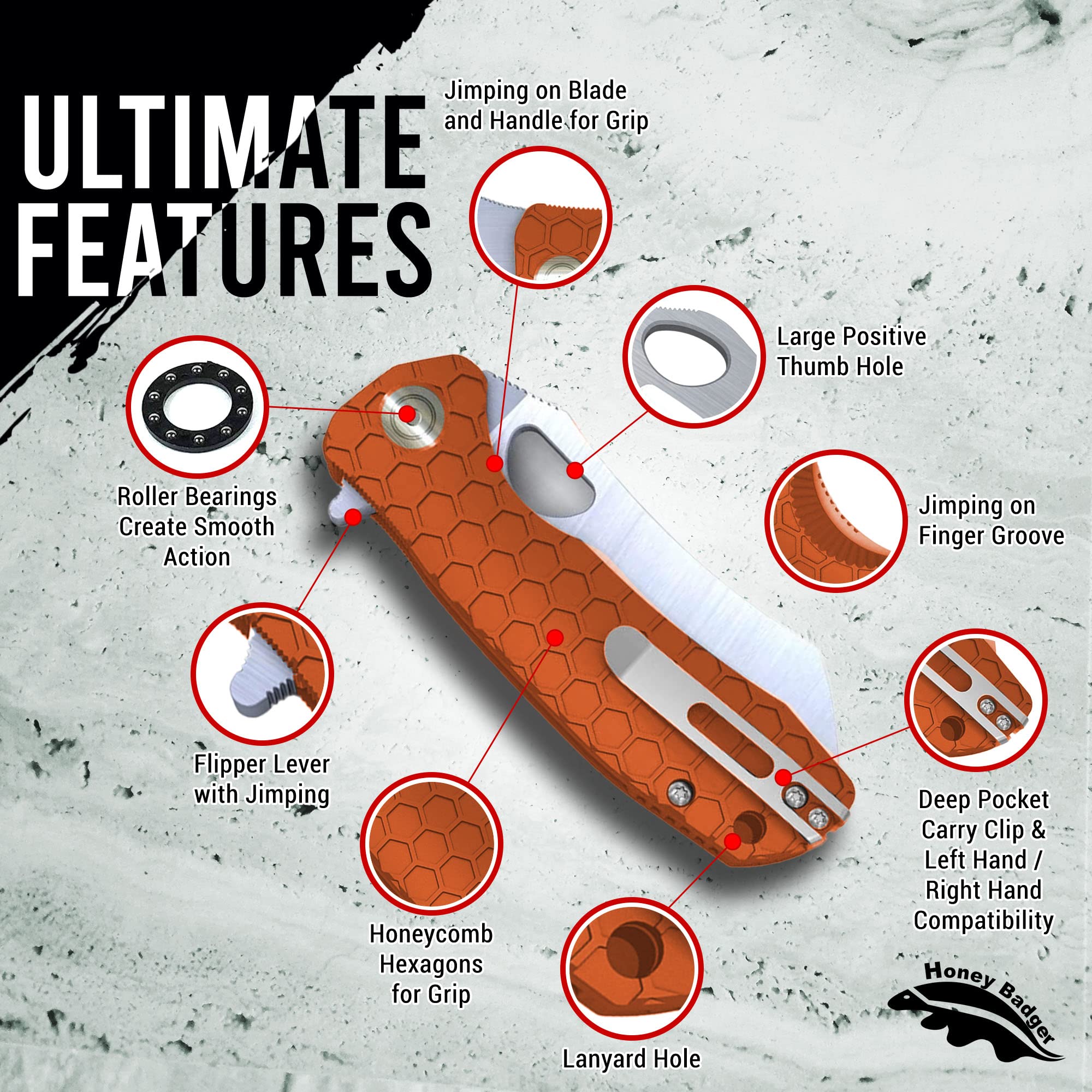 Western Honey Badger Wharncleaver Pocket Knife - 8Cr13Mov Steel Blade, Tactical Folding Knife with Deep Carry Clip for Everyday Carry (EDC), Outdoor Survival, Camping & Hiking - Medium Orange HB1068