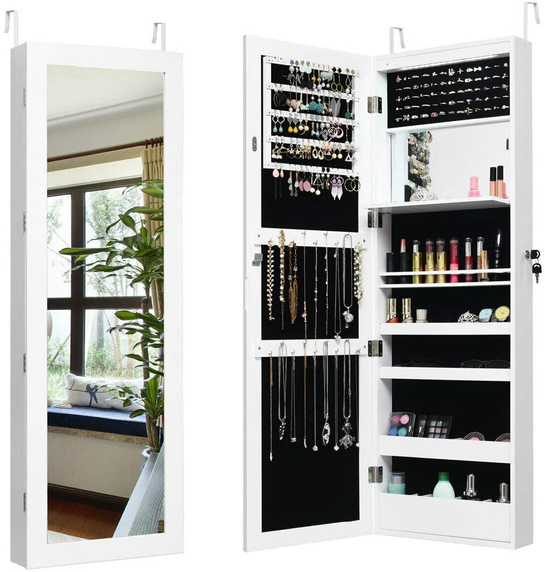 MAT EXPERT 15-LED Lighted Jewelry Armoire with Full-Length Mirror - Wall/Door Mounted Lockable Jewelry Cabinet Organizer for Bedroom, Dressing Room & Makeup Display - White Jewelry Storage Solution for Necklaces, Rings & Accessories