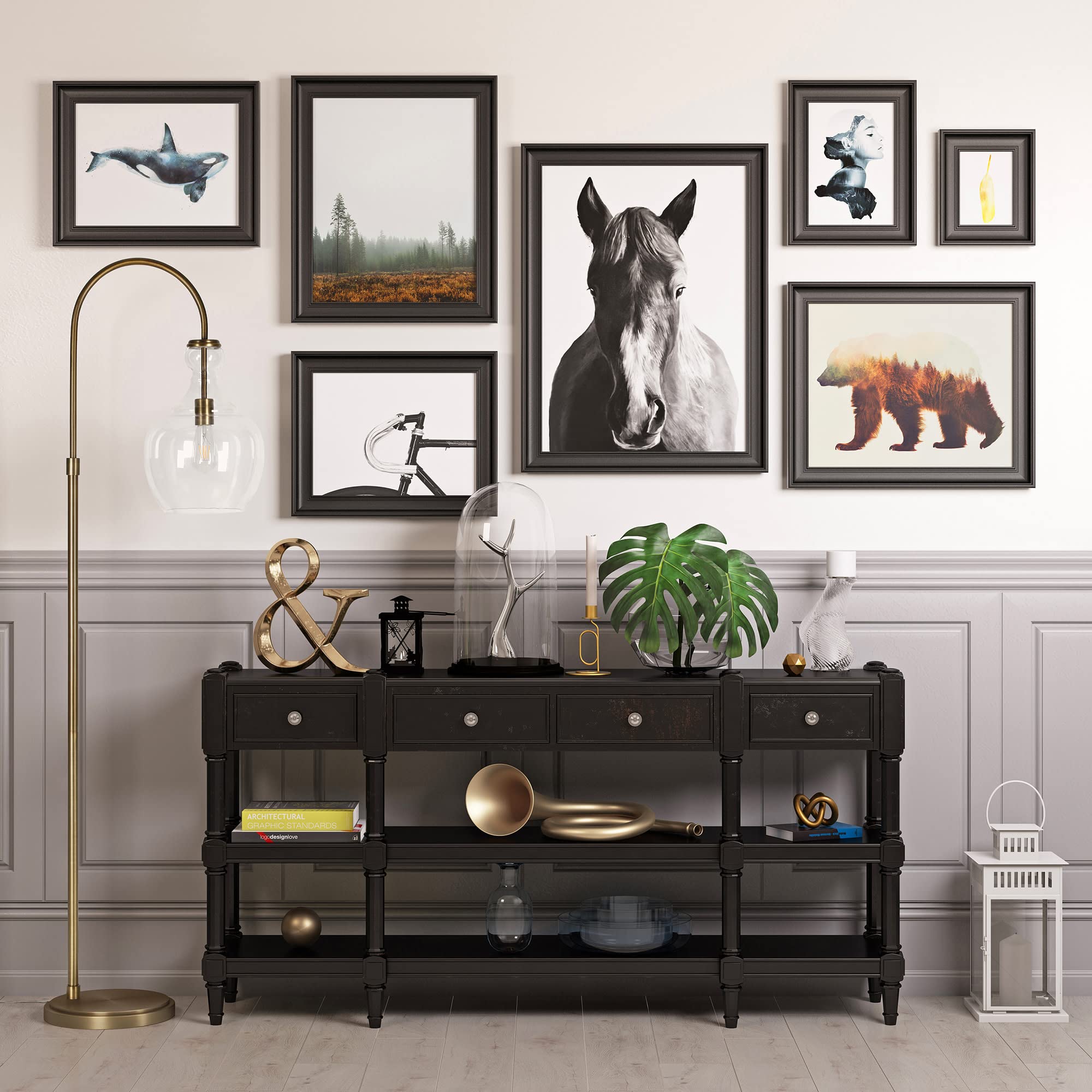 Henn&Hart Arc Floor Lamp with Glass Shade in Brass/Clear - Modern Adjustable Standing Light for Home Office, Bedroom & Living Room - Perfect for Reading, Working & Ambient Lighting